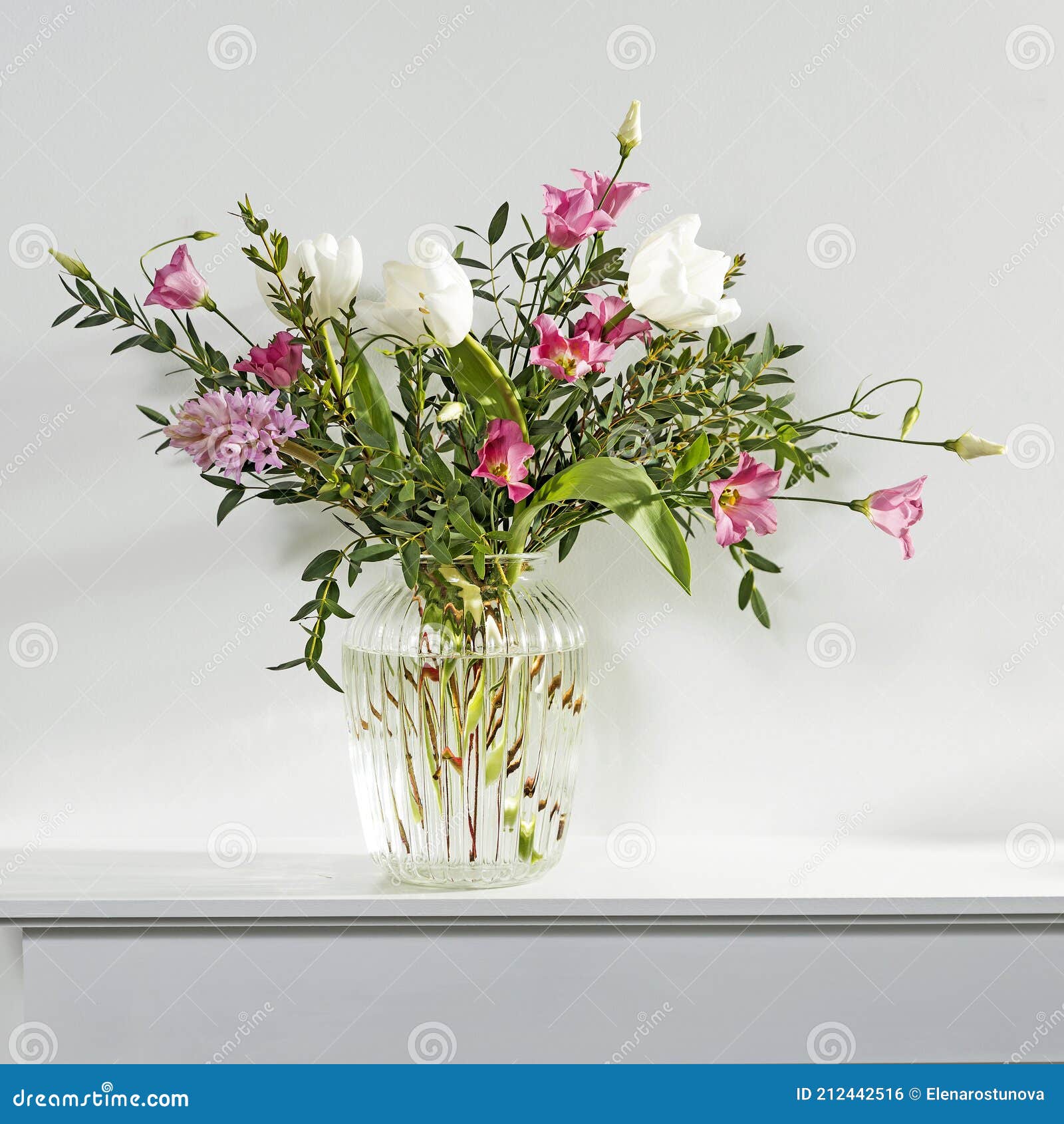 白色在凹槽玻璃花瓶tulip粉色南北美洲香草水葫芦玉树简约的花束在白色面板库存照片 图片包括有花束 花瓶