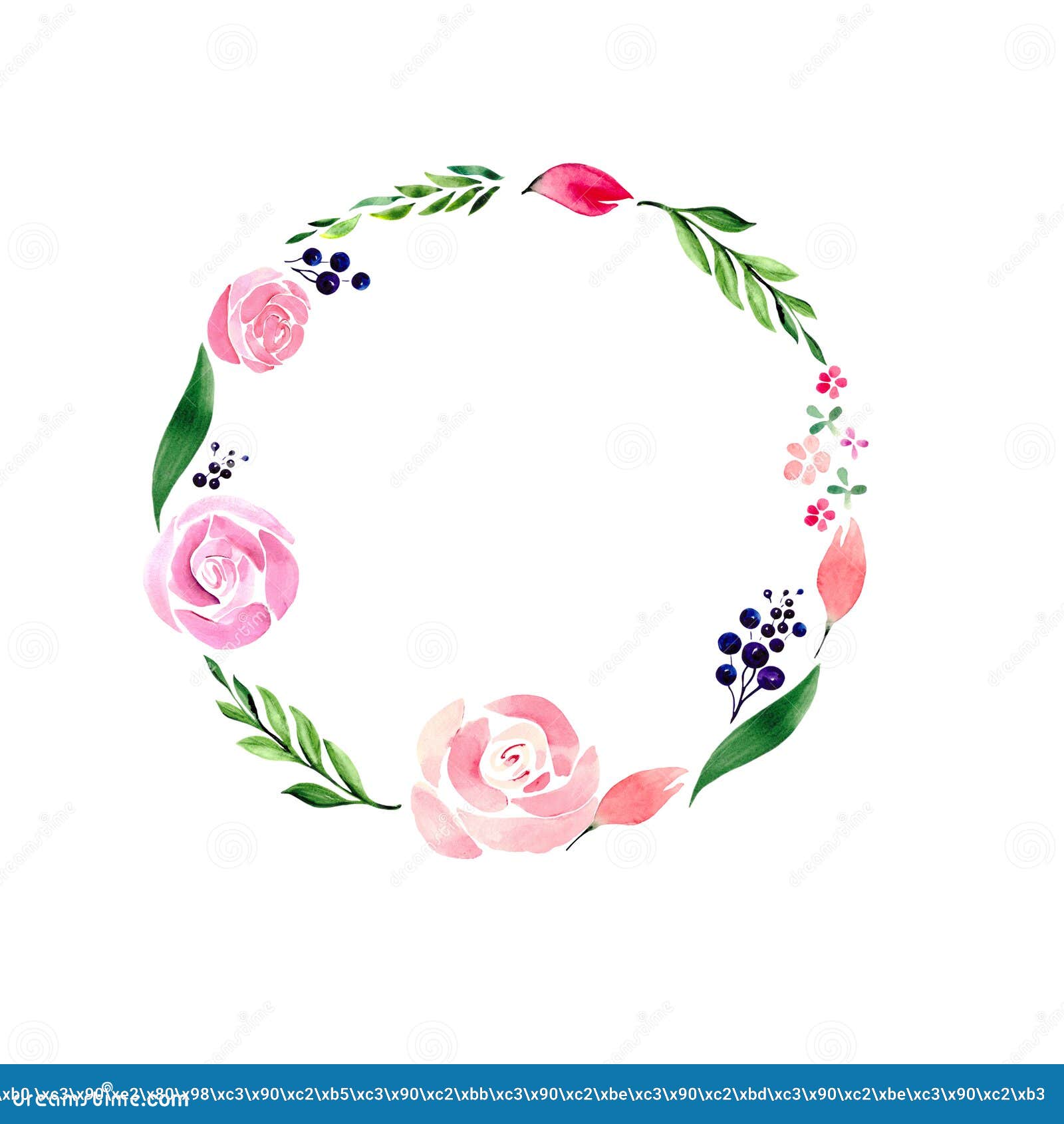 白色背景上有精美的玫瑰 绿叶 浆果和蕾 有文字空间的花框圆形设计环库存例证 插画包括有圈子 框架
