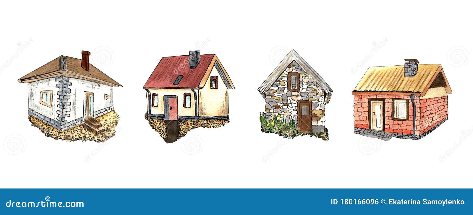 白色背景下四座孤立村石屋的水彩采集库存例证 插画包括有国家 地区 动画片 背包 住房 颜色
