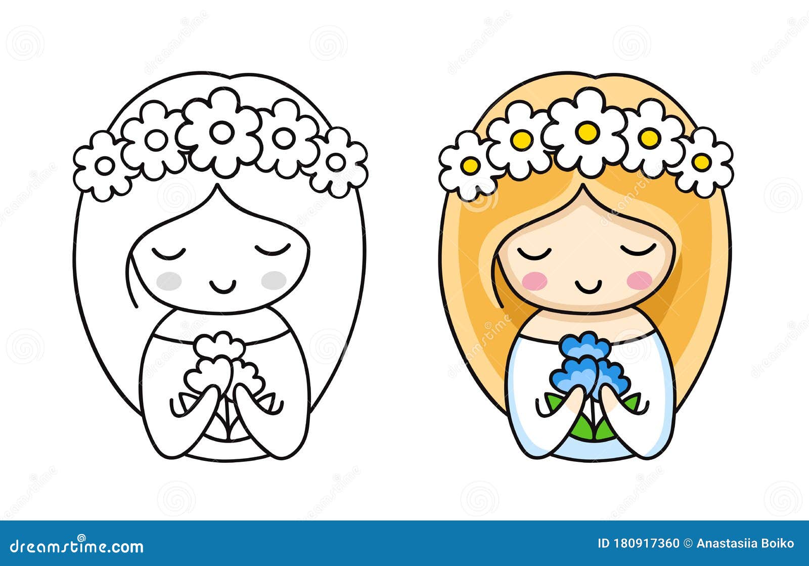 白色雏菊花圈中小可爱新娘的肖像 手持蓝色花卡通人物向量例证 插画包括有补丁程序 荒地 婚姻