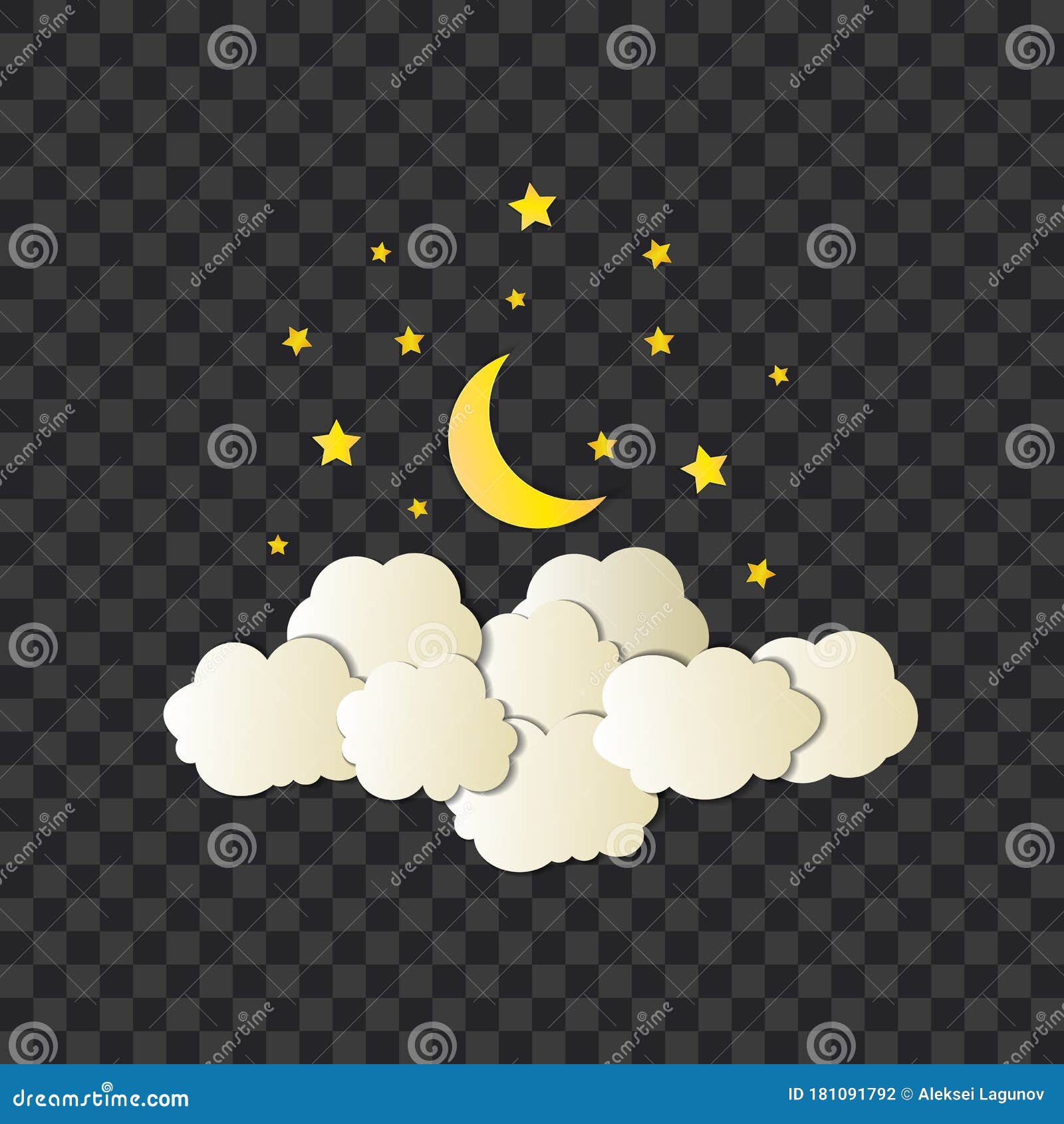 矢量夜图 闪亮的月亮和星星 云彩 纸艺风格 深色透明背景中孤立的物体向量例证 插画包括有多云 艺术性