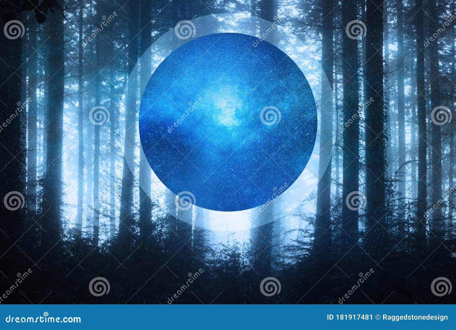 科幻概念星系光亮入口森林中冬树的轮廓库存图片 图片包括有科学 剪影 有雾 结构树 幻想