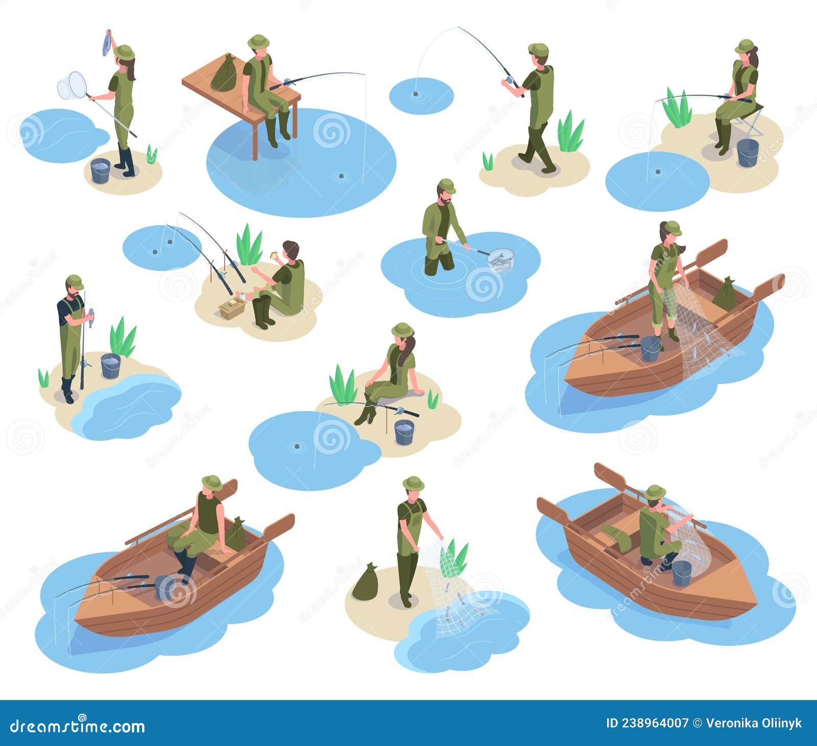 等距渔夫角色3d河或池塘捕鱼. 渔具渔具钓具的特征向量例证. 插画包括有
