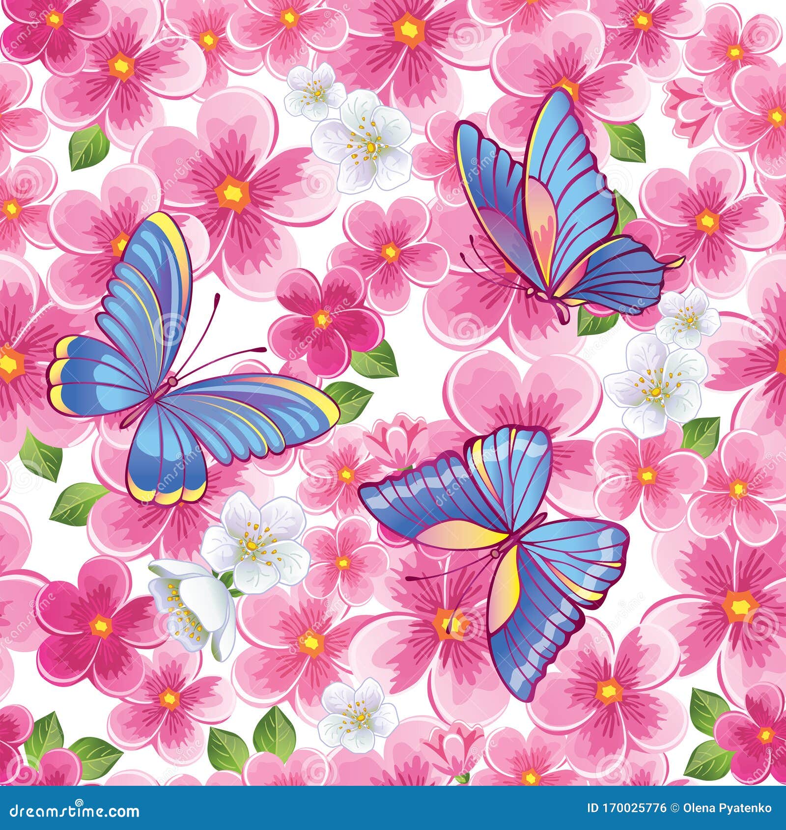 粉色花和彩色翅膀的蝴蝶的美丽背景无缝插图春花园矢量向量例证 插画包括有植物群 本质