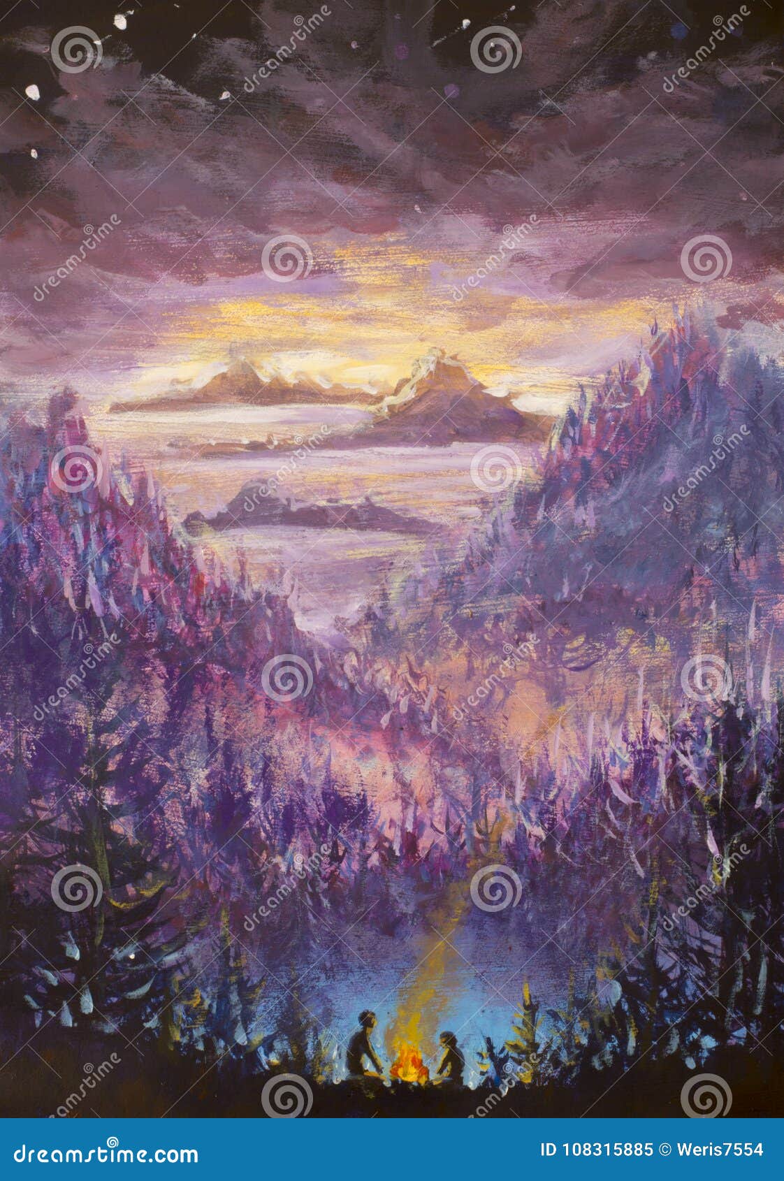 紫罗兰色山和海岛 植被 黎明 抽象风景 神秘的自然 之后启示 日落绘画watercol 库存例证 插画包括有烧伤 天空