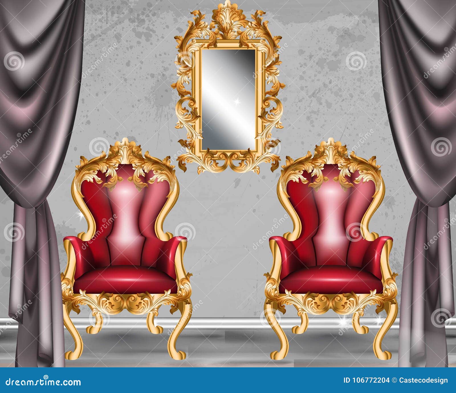 红色巴洛克式的魅力扶手椅子有维多利亚女王时代被装饰的织品的家具传染媒介现实3d设计向量例证 插画包括有反时针的 庄严
