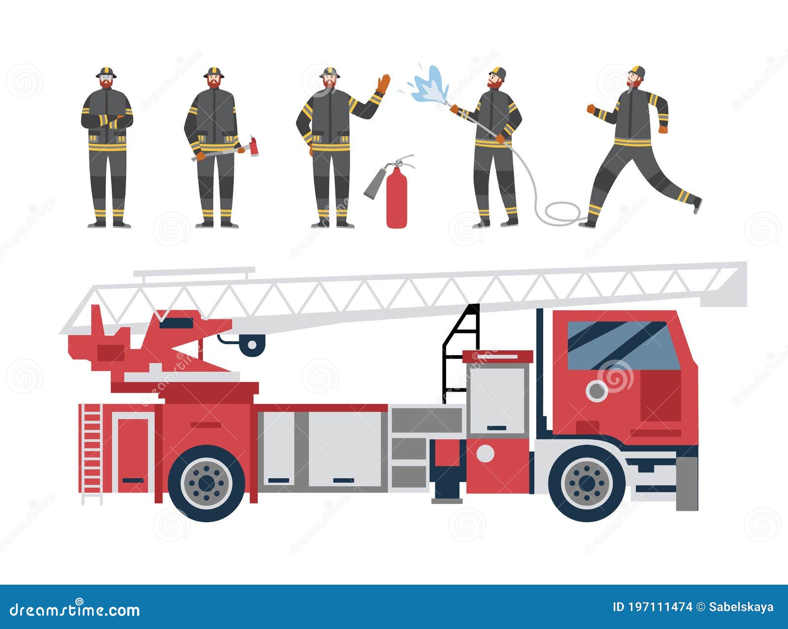 红色消防车和消防员 分离的平动画矢量图插图向量例证 插画包括有背包 帮助 平面 设计 被宣扬的