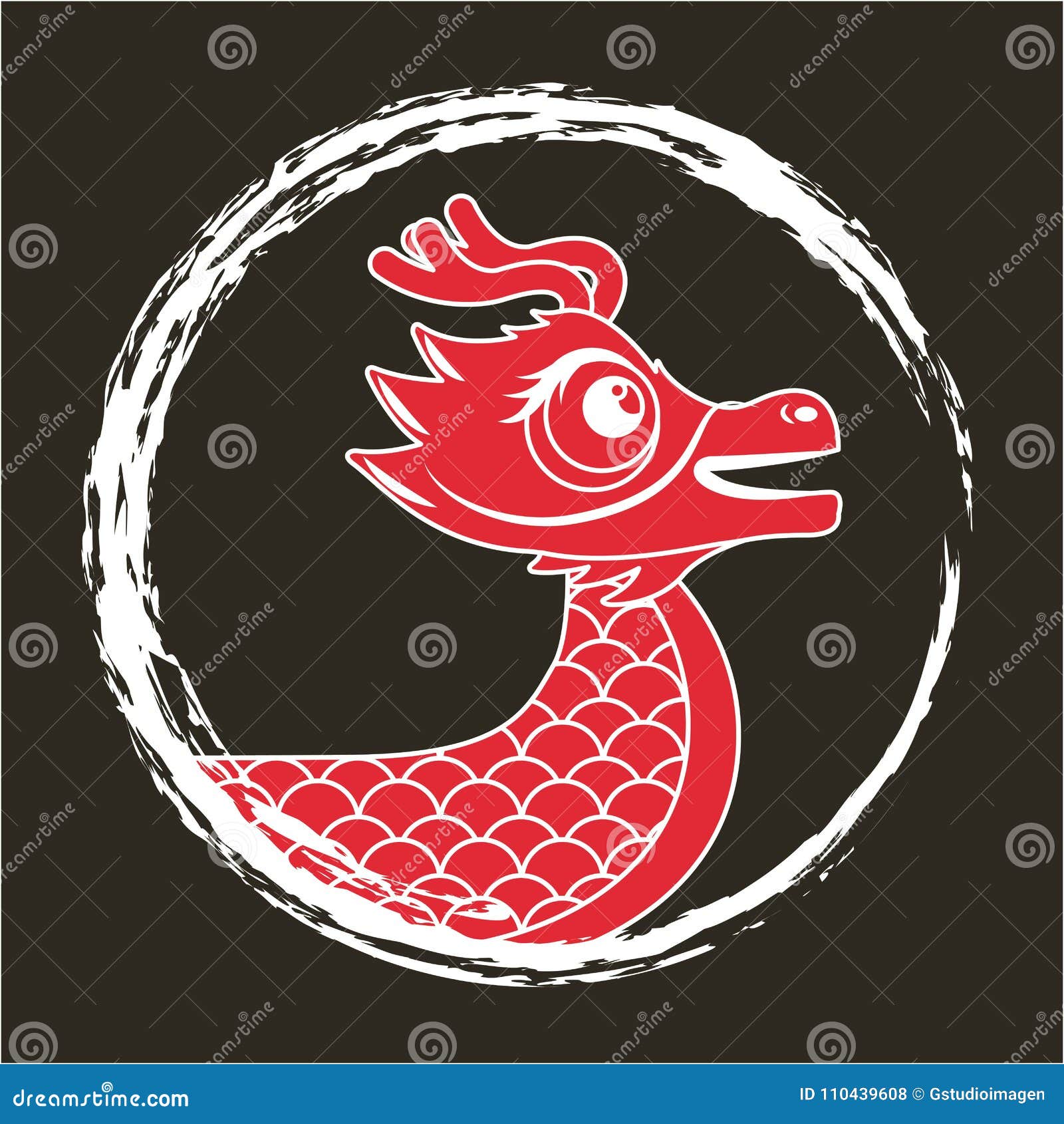 红色龙中国动物幻想圆的框架黑暗背景向量例证 插画包括有东方 汉语 装饰 幻想 附庸风雅