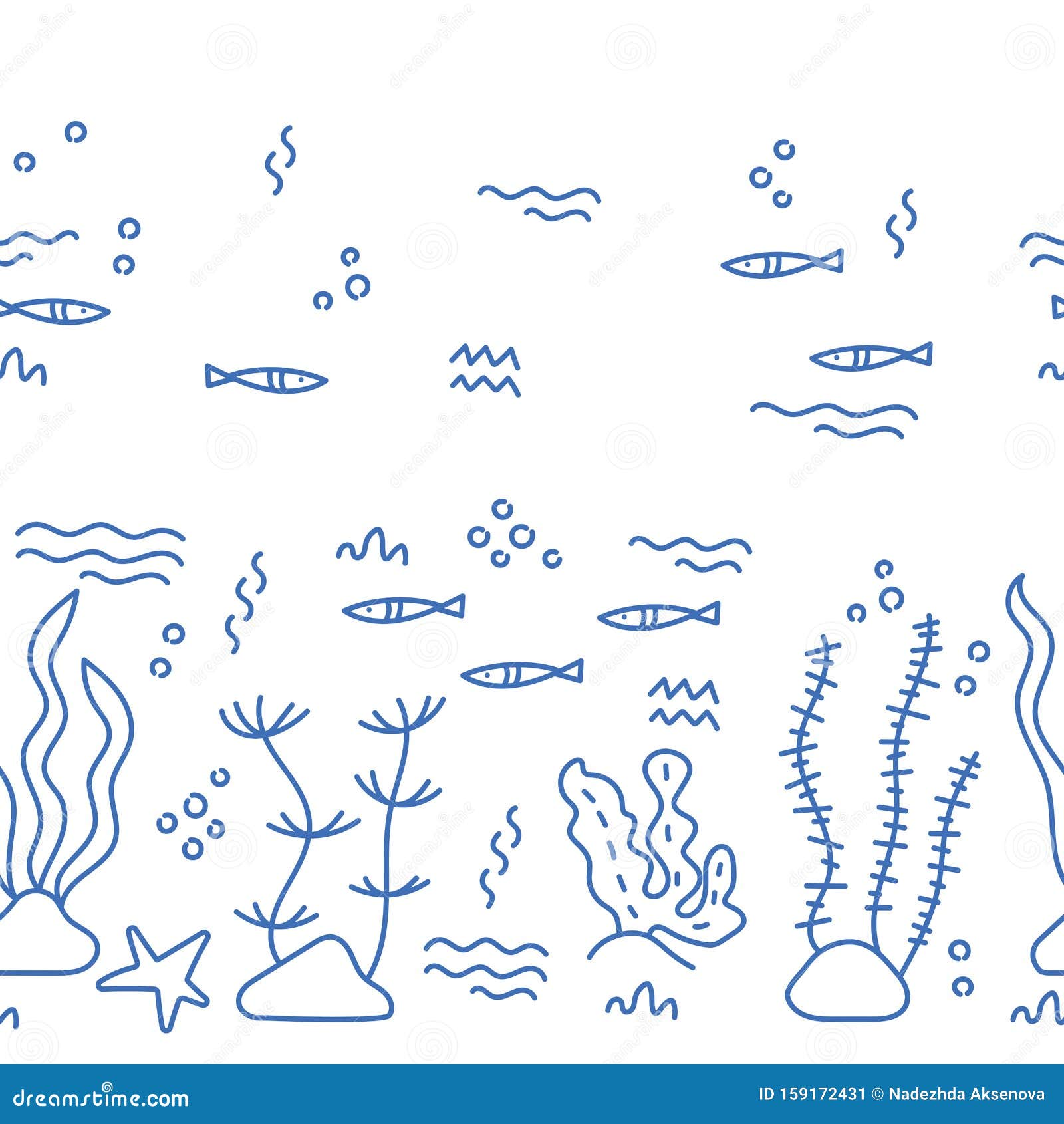 线条艺术矢量图手绘海洋生物的涂鸦卡通无缝图案库存例证 插画包括有