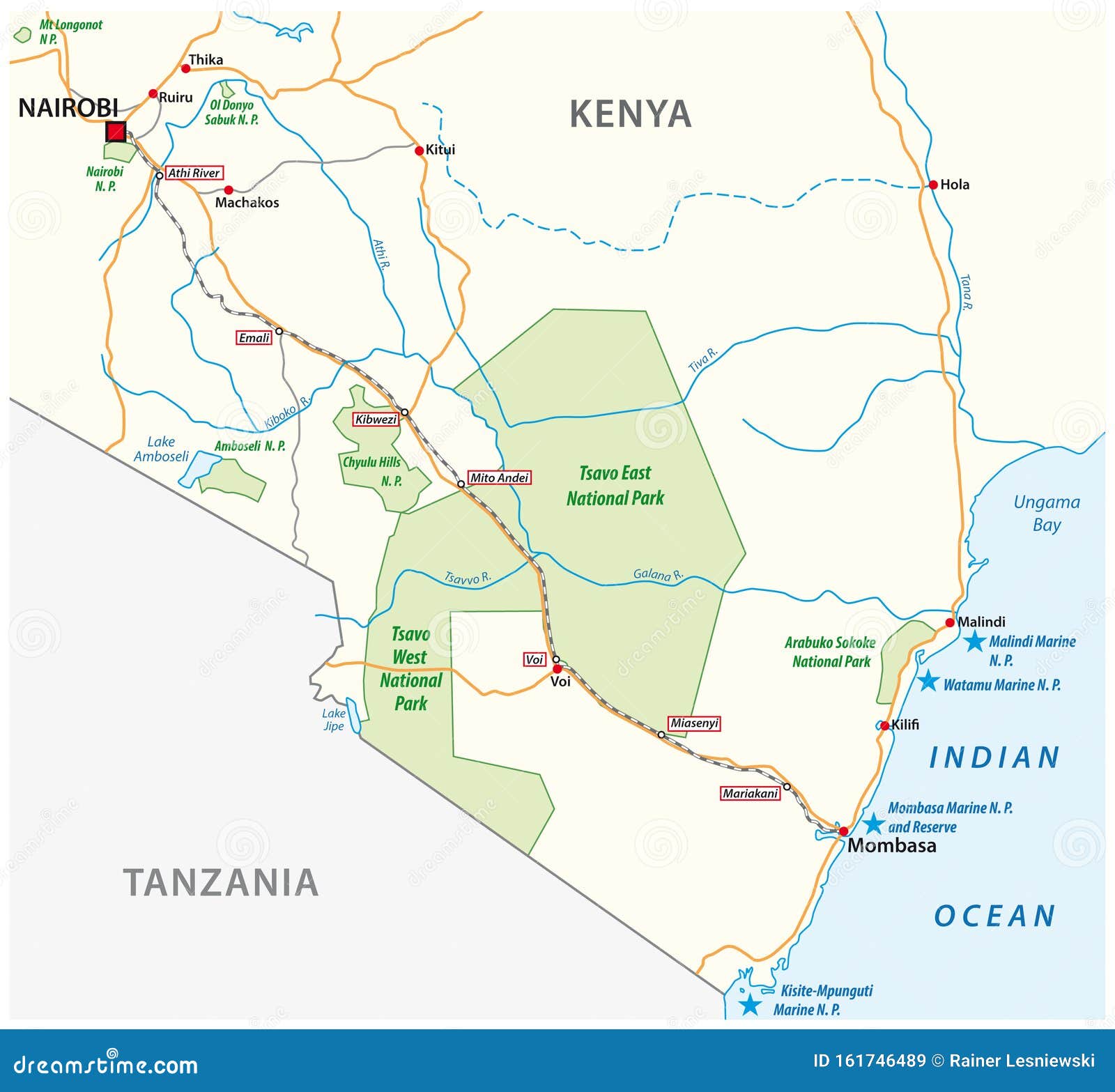 肯尼亚蒙巴萨内罗毕铁路地图向量例证. 插画包括有道路, 资本 ...