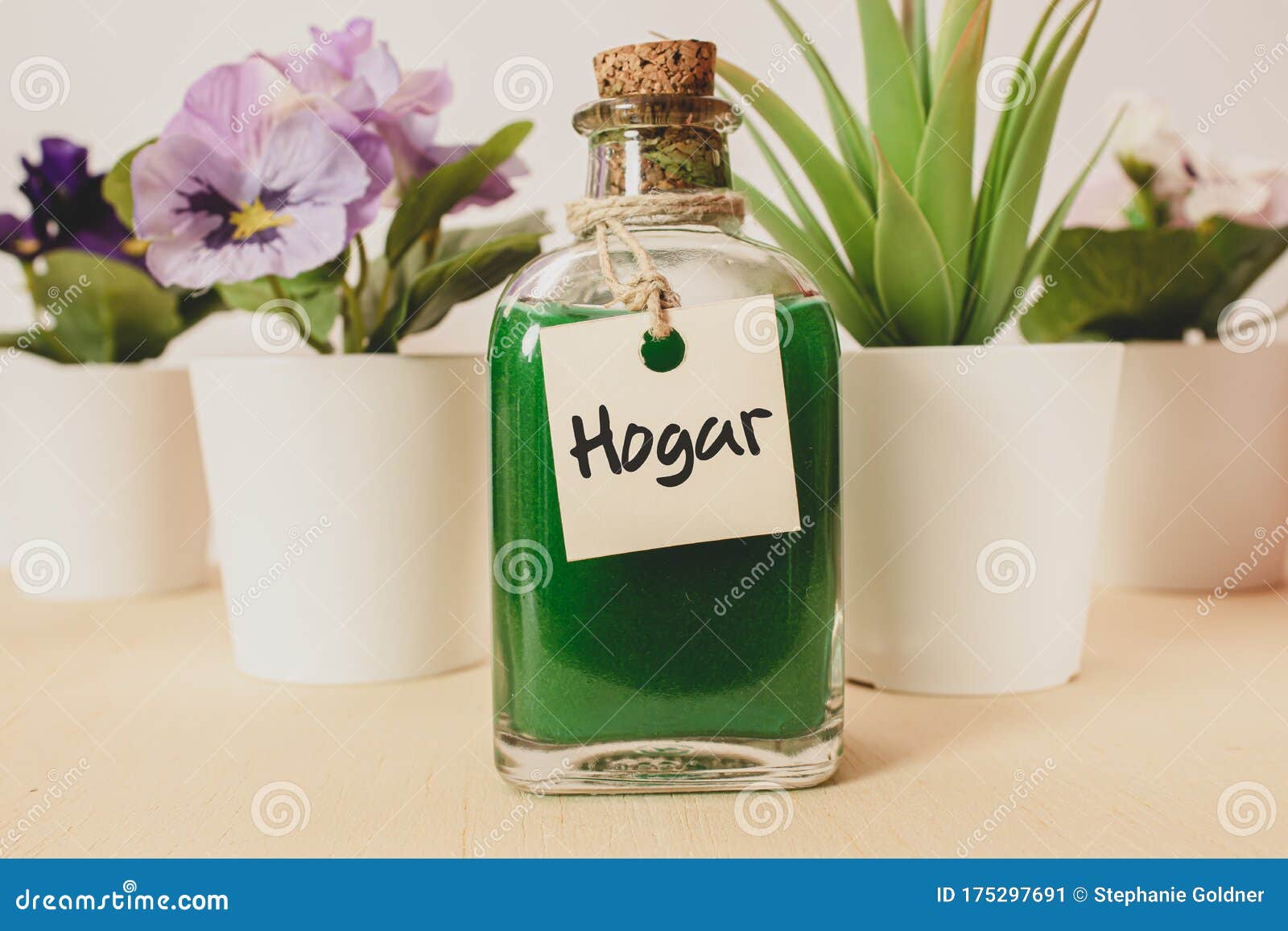 背景为人造植物的西班牙文hogar绿色液体玻璃瓶库存图片 图片包括有绿色 玻璃 标签 西班牙语