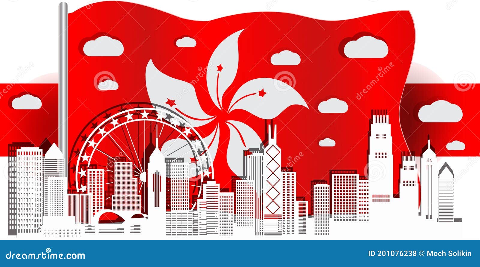 船旗国与香港城市向量例证 插画包括有晚上 现代 财务 五颜六色 大都会 地标 商业