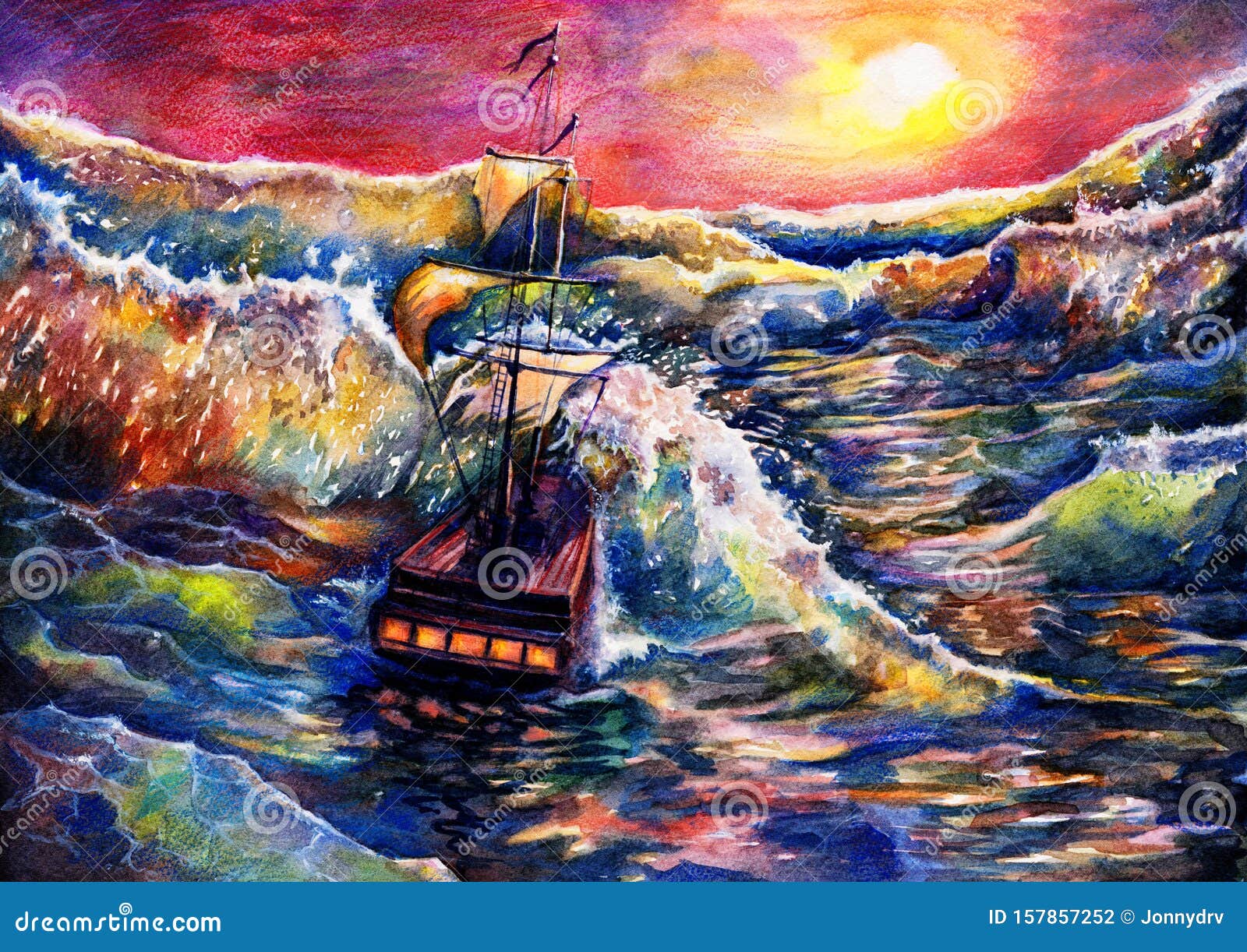 船画海景 水彩背景画 日落海图画 水彩画的艺术手库存例证 插画包括有本质 现代 Brusher