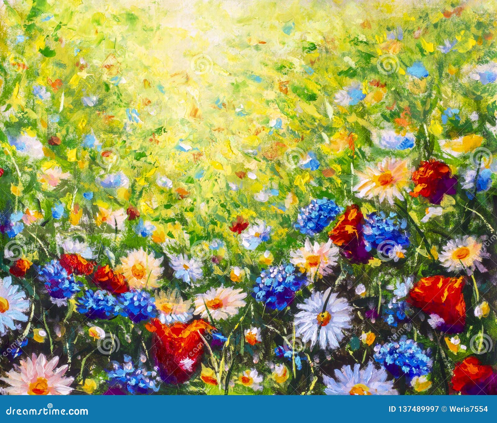 花卉绘的风景花原始的油画 美好的领域在帆布开花花的夏天领域库存图片 图片包括有