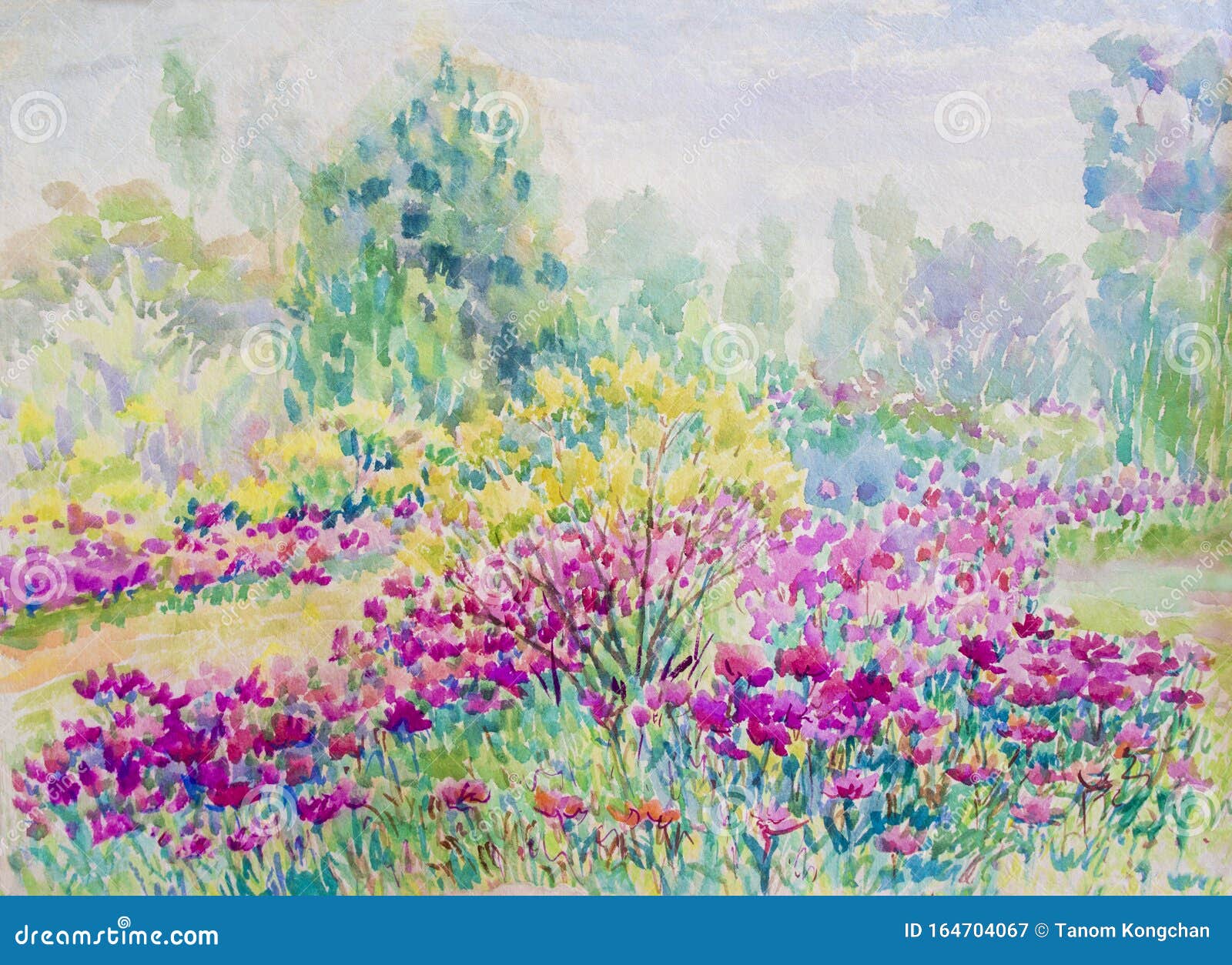 花园中彩绘雏菊水彩景库存例证 插画包括有开花的 蓝色 看板卡 云彩 粉红色 情感 现有量