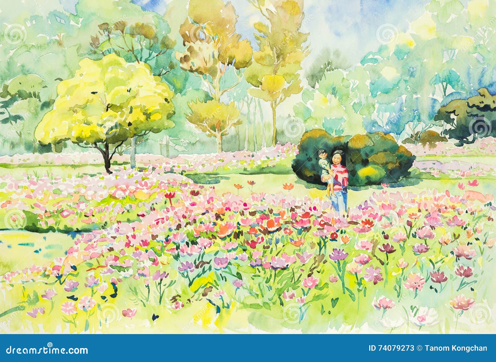 花园的蓝色和桃红色颜色的水彩原始的山水画花园库存例证 插画包括有叶子 花卉 地产 户外 国家 地区