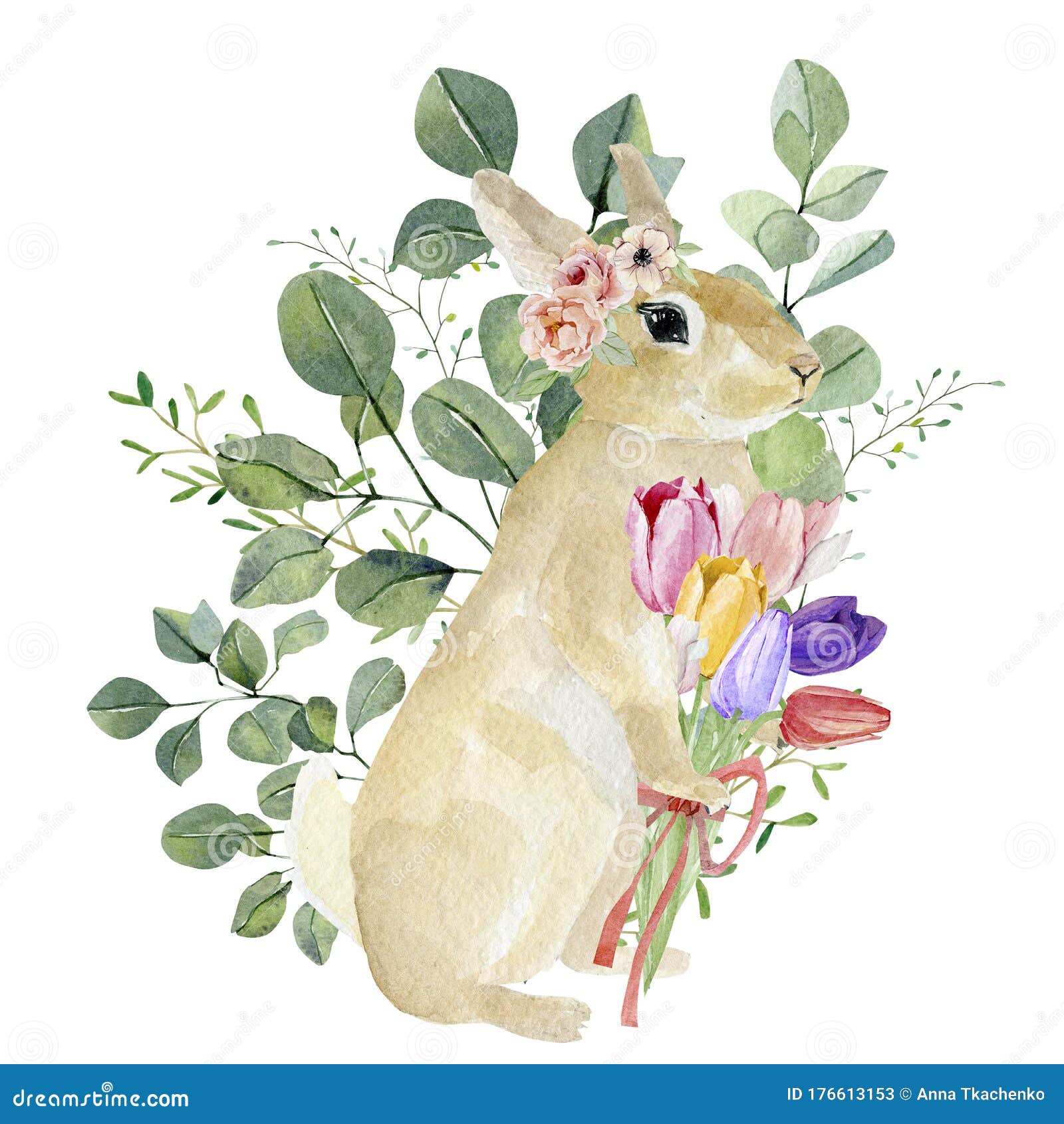 花束中的水彩兔手画幼稚的剪贴画动物林 银币 绿色植物和花库存例证 插画包括有茴香 艺术
