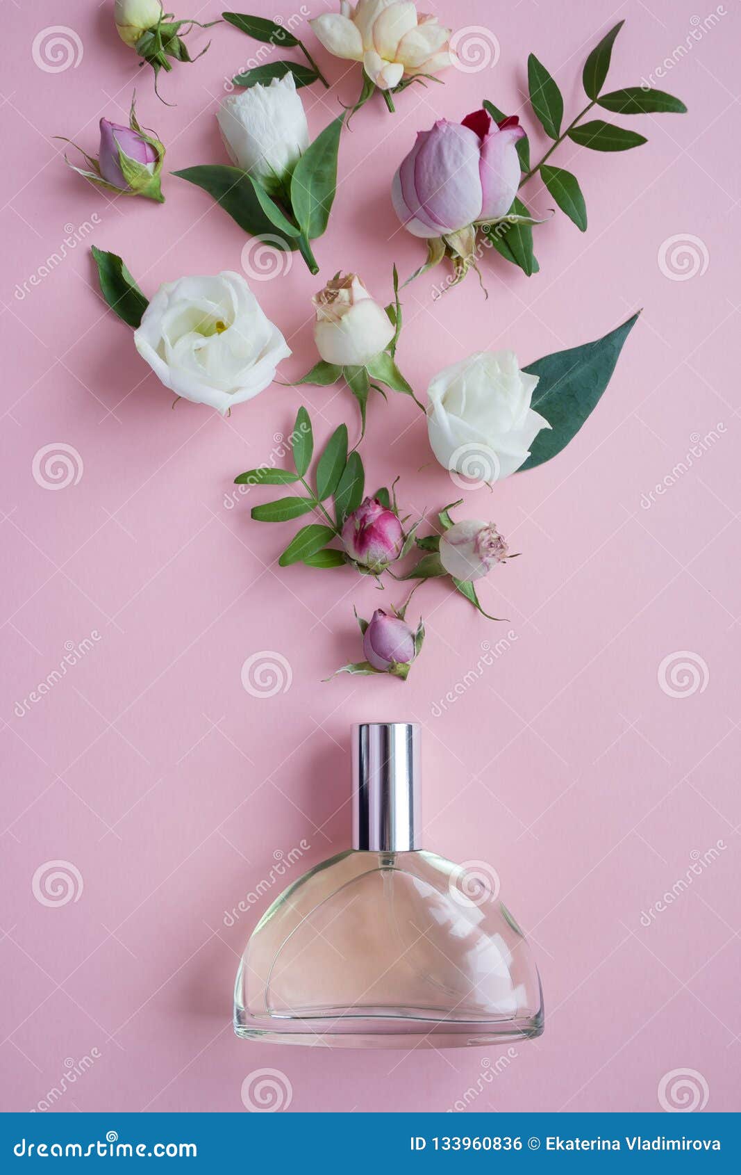 花的布置花 芬芳 在桃红色背景的香水库存照片 图片包括有花 芬芳 在桃红色背景的香水 花的布置