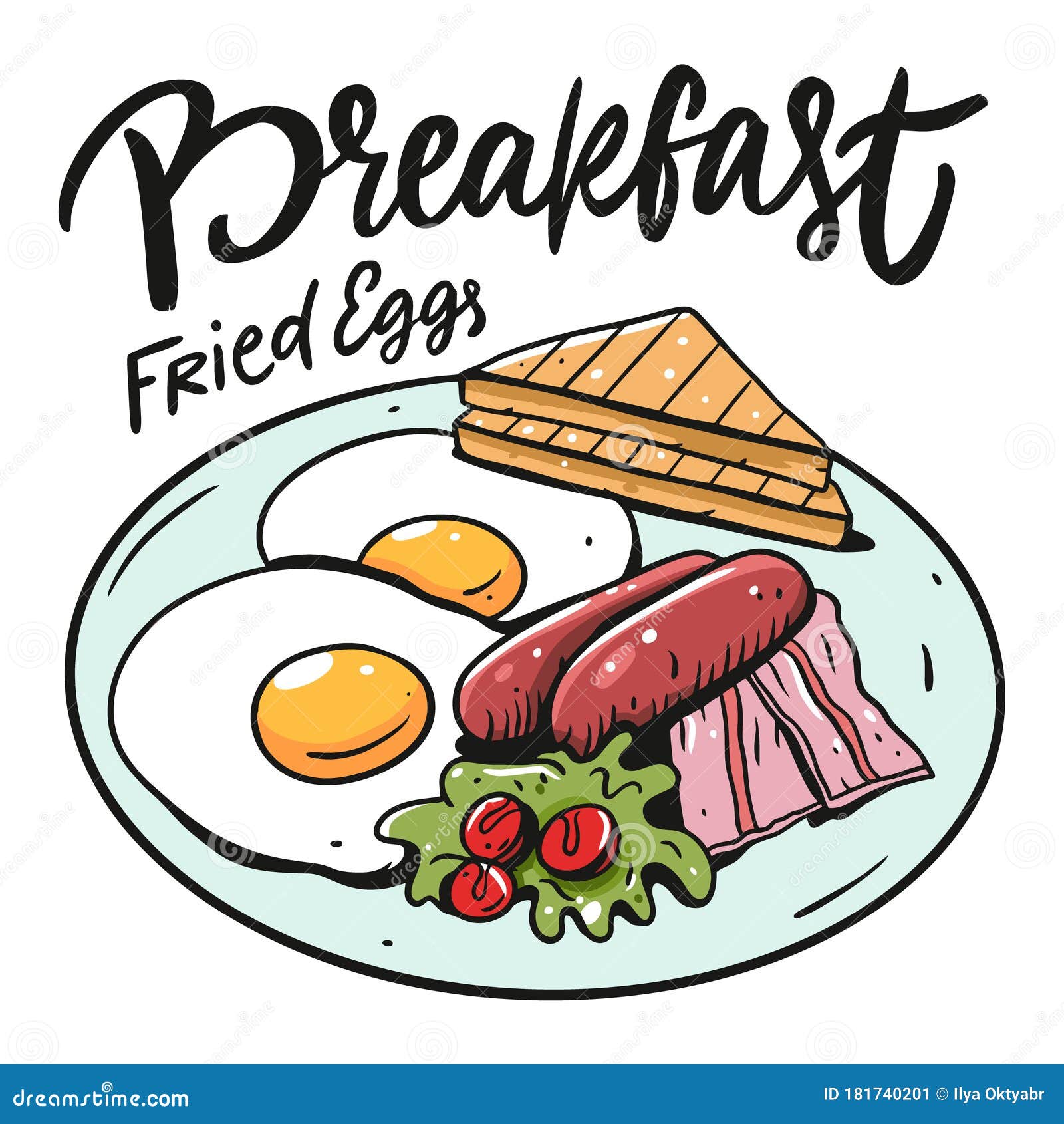 英式早餐手绘彩色动画矢量图白色背景中突显向量例证 插画包括有平面 油煎 新鲜 极大 膳食