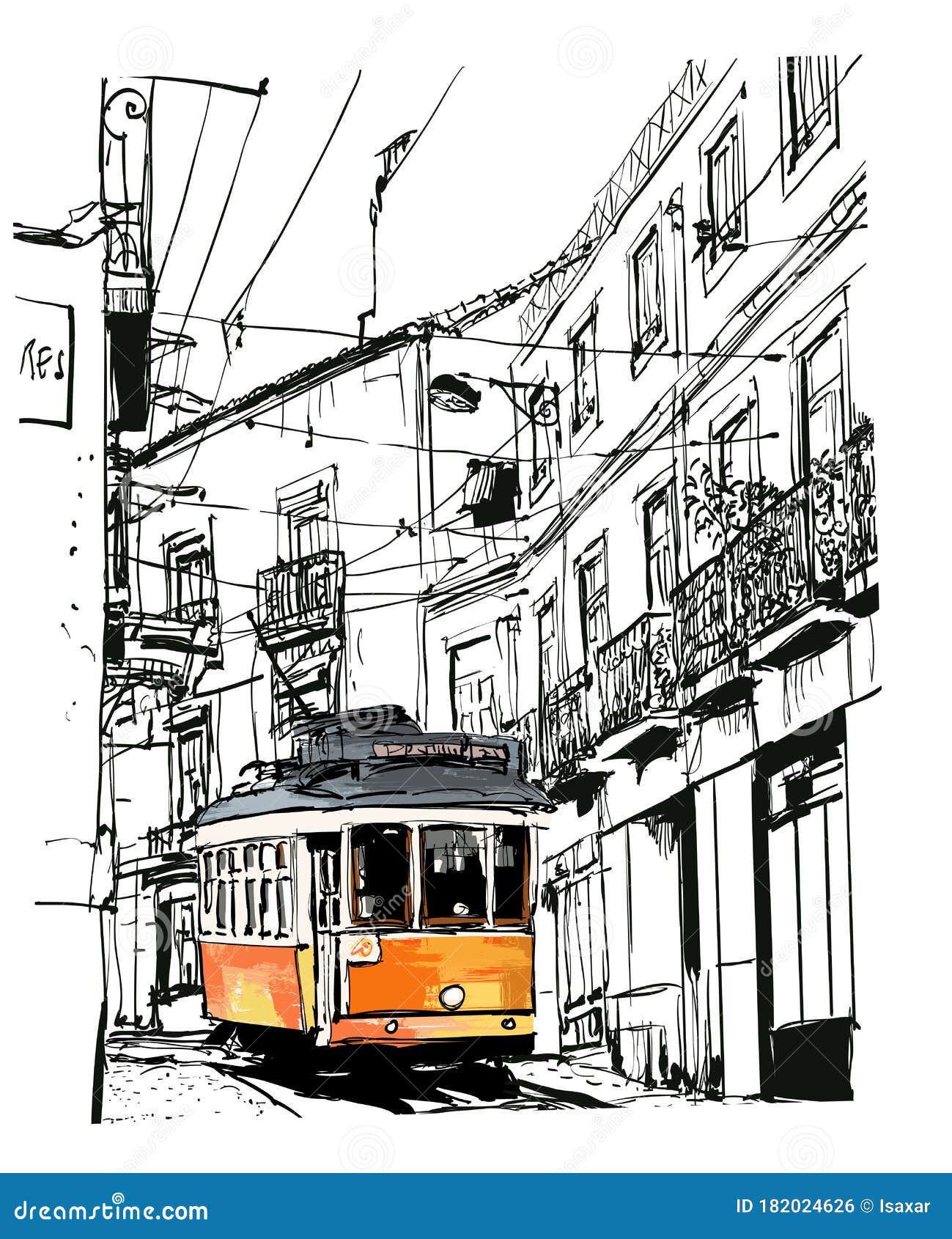 葡萄牙里斯本市著名的旧电车街景向量例证 插画包括有资本 草图 墨水 历史记录 公共 例证