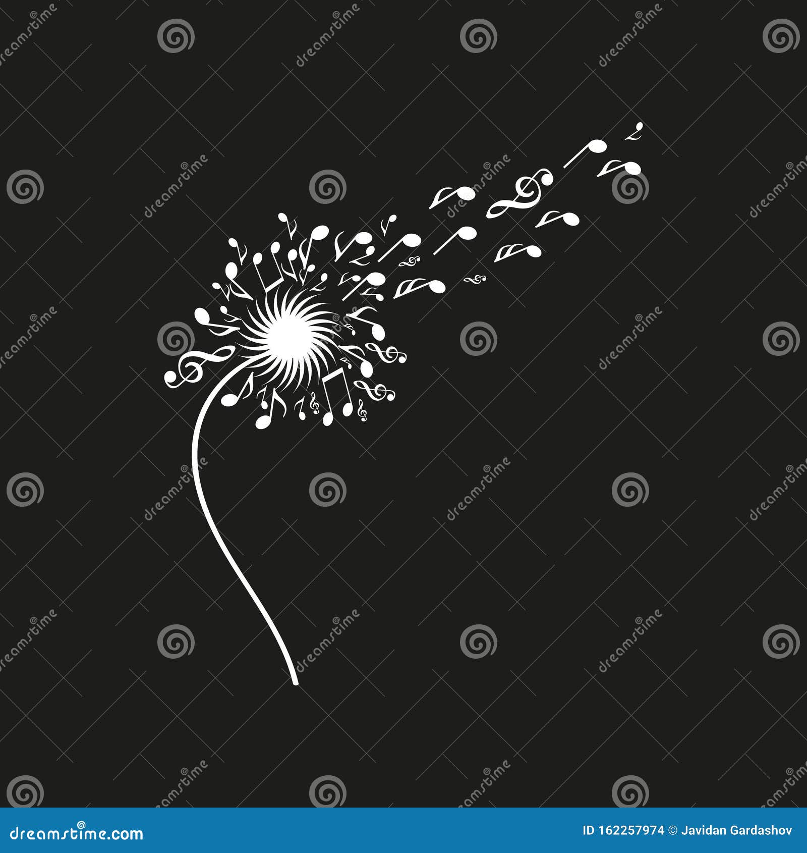 蒲公英用音符制作的剪影 一些音符在黑色背景中飞向库存例证 插画包括有音乐 例证 背包 复制