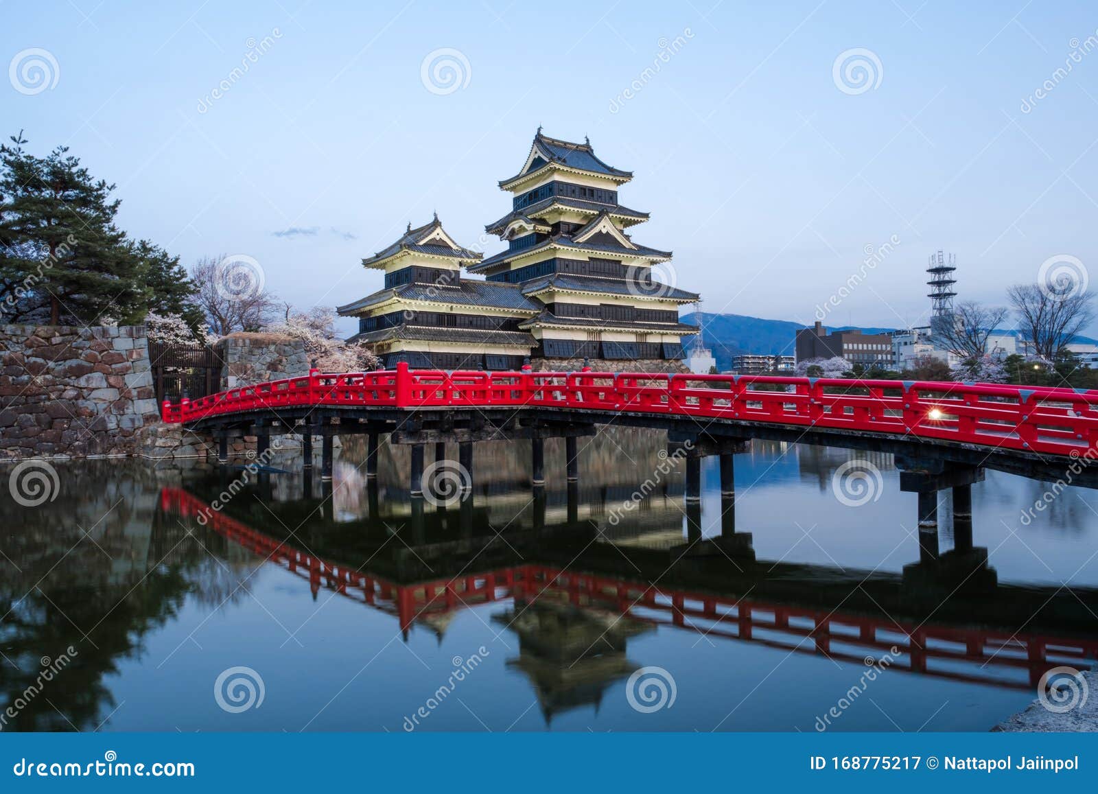 蓝天背景下 樱花树环绕 红桥前 松本城的水反射库存图片 图片包括有前面 贿赂 日语 保留 蓝天背景下 樱花树环绕 红桥前 松本城的水反射库存图片 图片包括有前面 贿赂 日语 保留