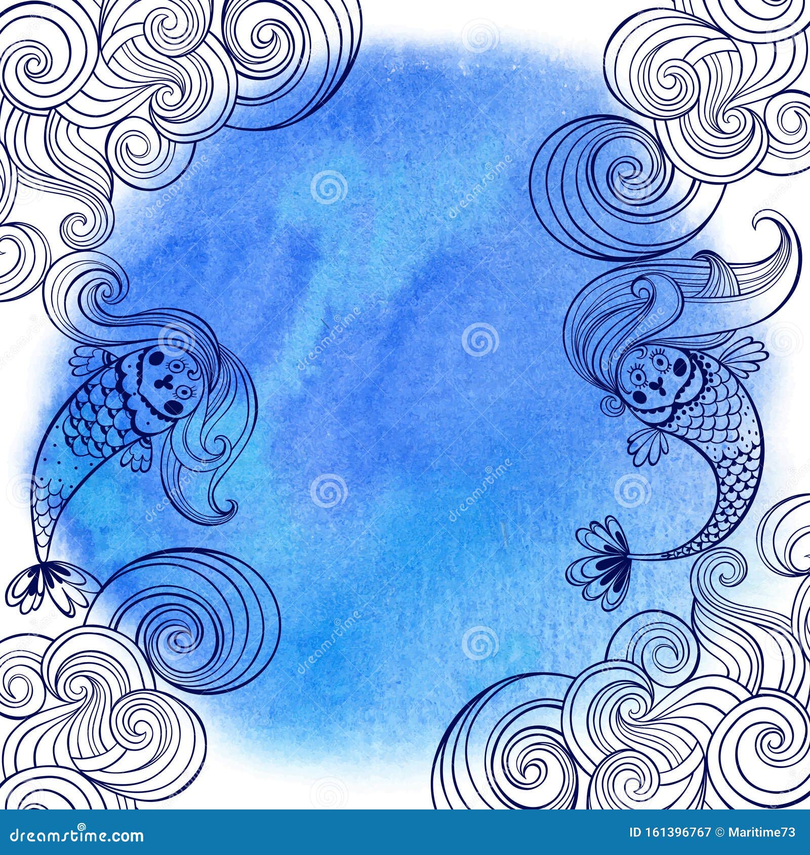 蓝水色背景中带卡通美人鱼和波浪的海洋插图库存例证 插画包括有动画片 蓝色 背包 海洋 空白 蓝水色背景中带卡通美人鱼和波浪的海洋插图库存例证 插画包括有动画片 蓝色 背包 海洋 空白