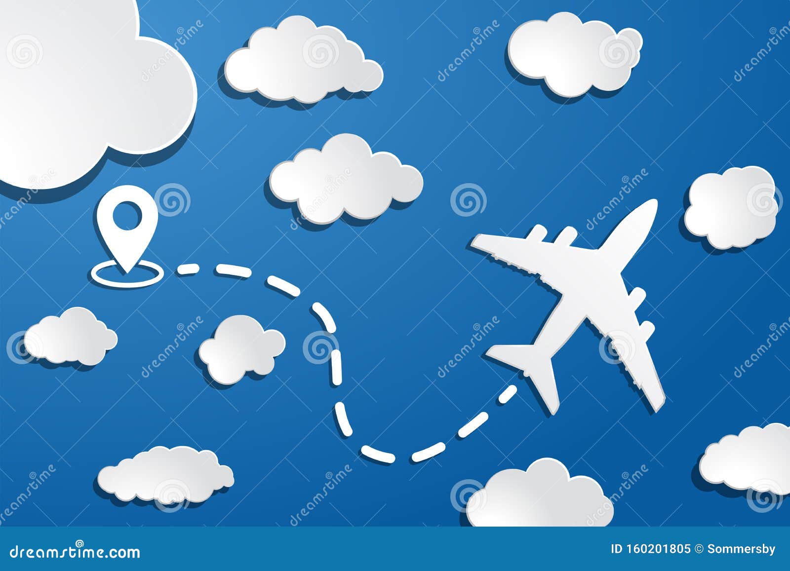 蓝空背景中起点 暗线迹和白云的纸飞机晴空旅行背景向量例证 插画包括有商业 飞行 概念 喷气式飞机