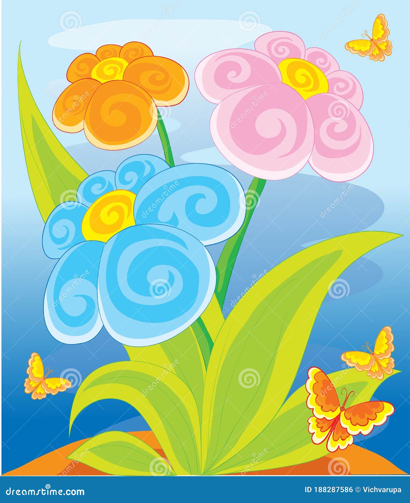 蓝色背景 有彩色的花朵和蝴蝶 卡通插图 白色背景中的孤立对象 矢量图向量例证 插画包括有庭院 叶子 蓝色背景 有彩色的花朵和蝴蝶 卡通插图 白色背景中的孤立对象 矢量图向量例证 插画包括有庭院 叶子