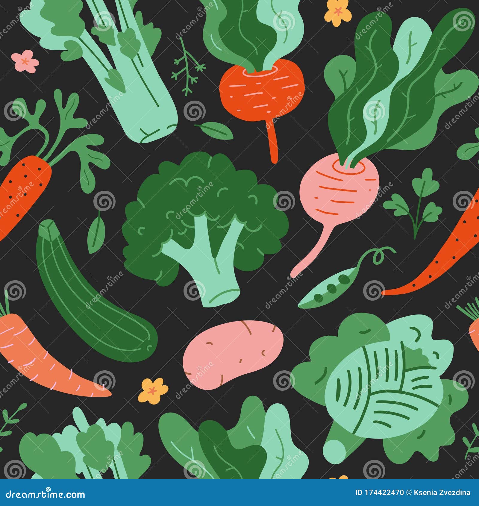 蔬菜图案 无缝背景 手绘的涂鸦蔬菜 平底的花椰菜卡通图画 卷心菜向量例证 插画包括有动画片 厨房