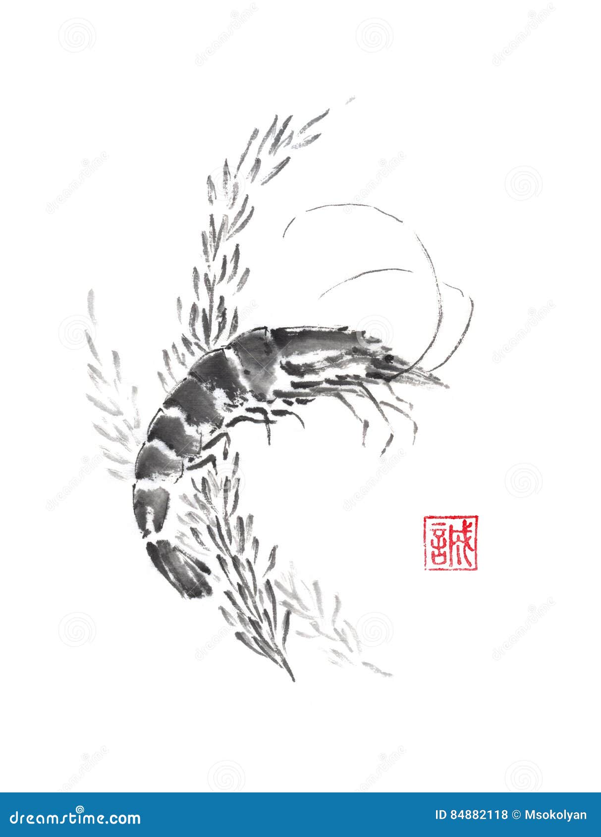 虾和杂草日本式原始的sumi E着墨绘画库存例证 插画包括有聚会所 例证 汉语 本质 墨水