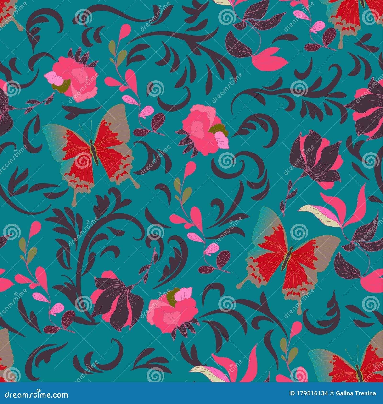 蝴蝶的无缝矢量花图案 青绿色浅蓝色背景上优雅的卷边花朵的镶嵌库存例证 插画包括有附庸风雅 装饰