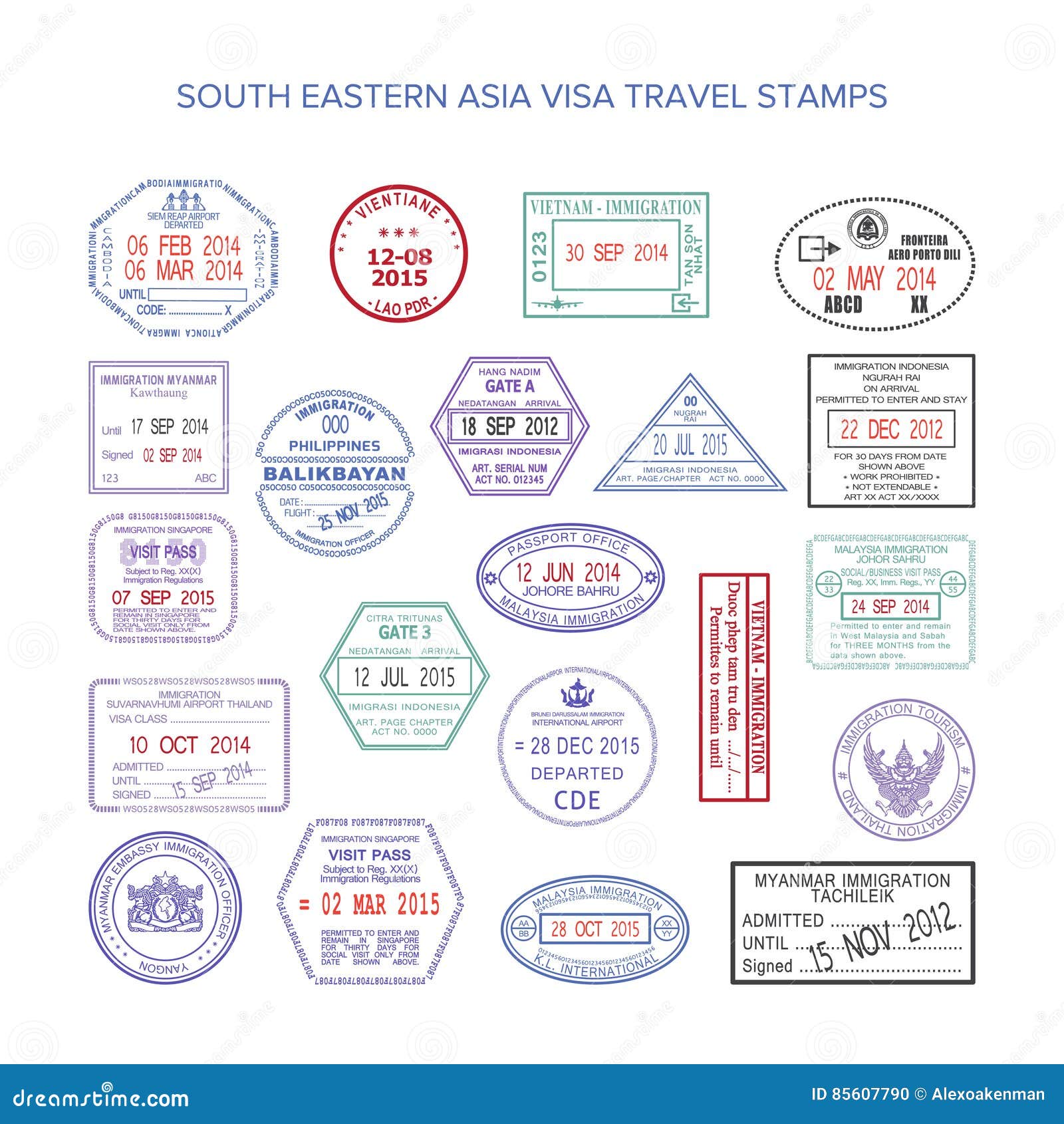 被设置的传染媒介东南亚洲颜色旅行签证图章向量例证. 插画包括有护照  image