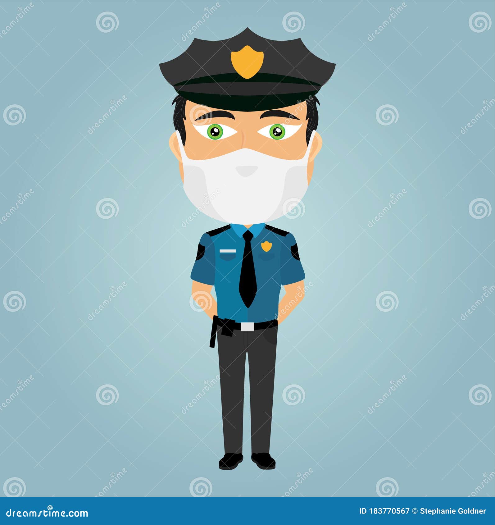 警官男白 背后有病毒面罩手 背后有蓝色衬衫黄色徽章黑色裤子和帽子向量例证 插画包括有业务量 突出