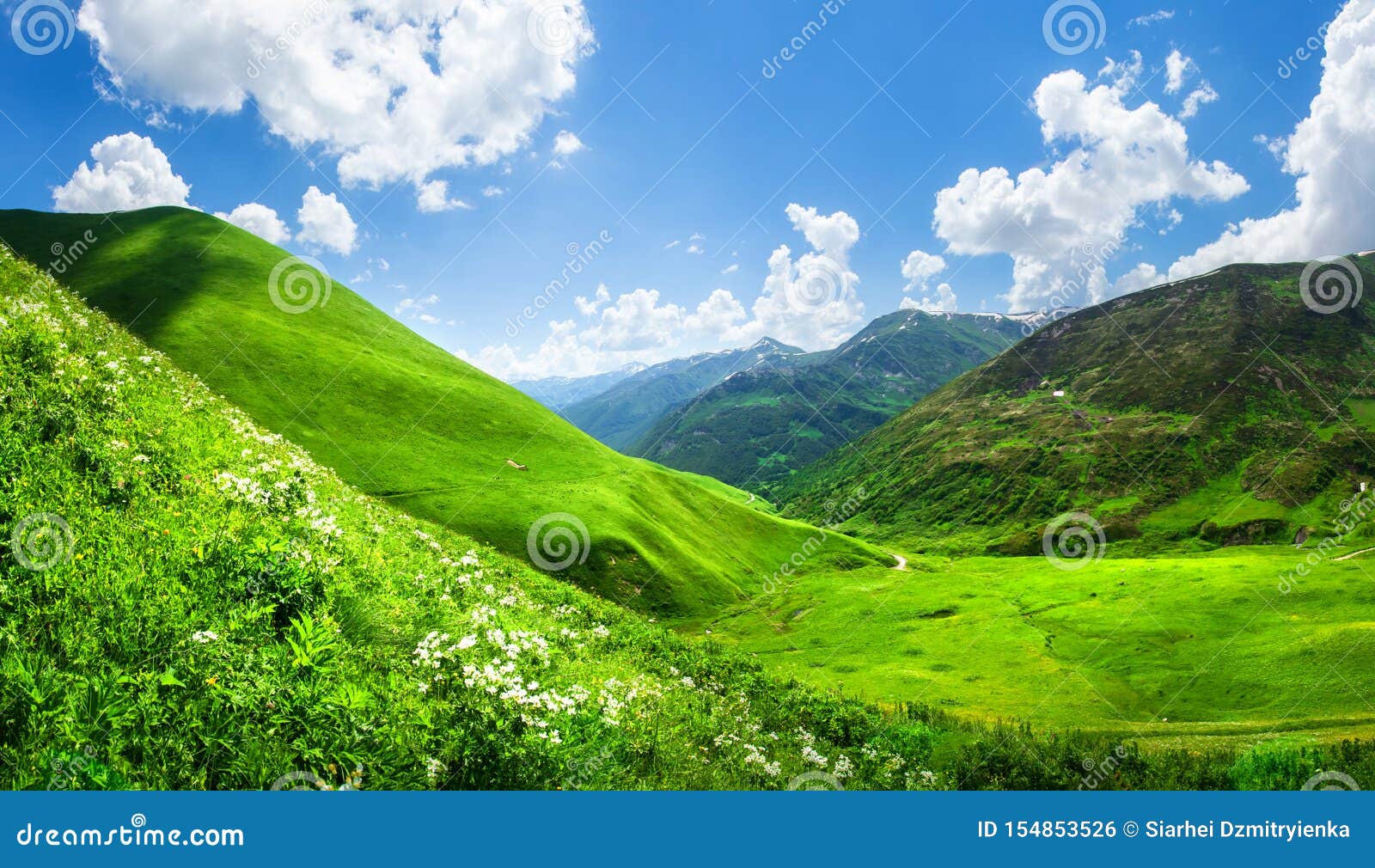 象草的山谷在svaneti 乔治亚风景青山在阳光下在夏天山的美丽的景色与在蓝色的云彩库存照片 图片包括有