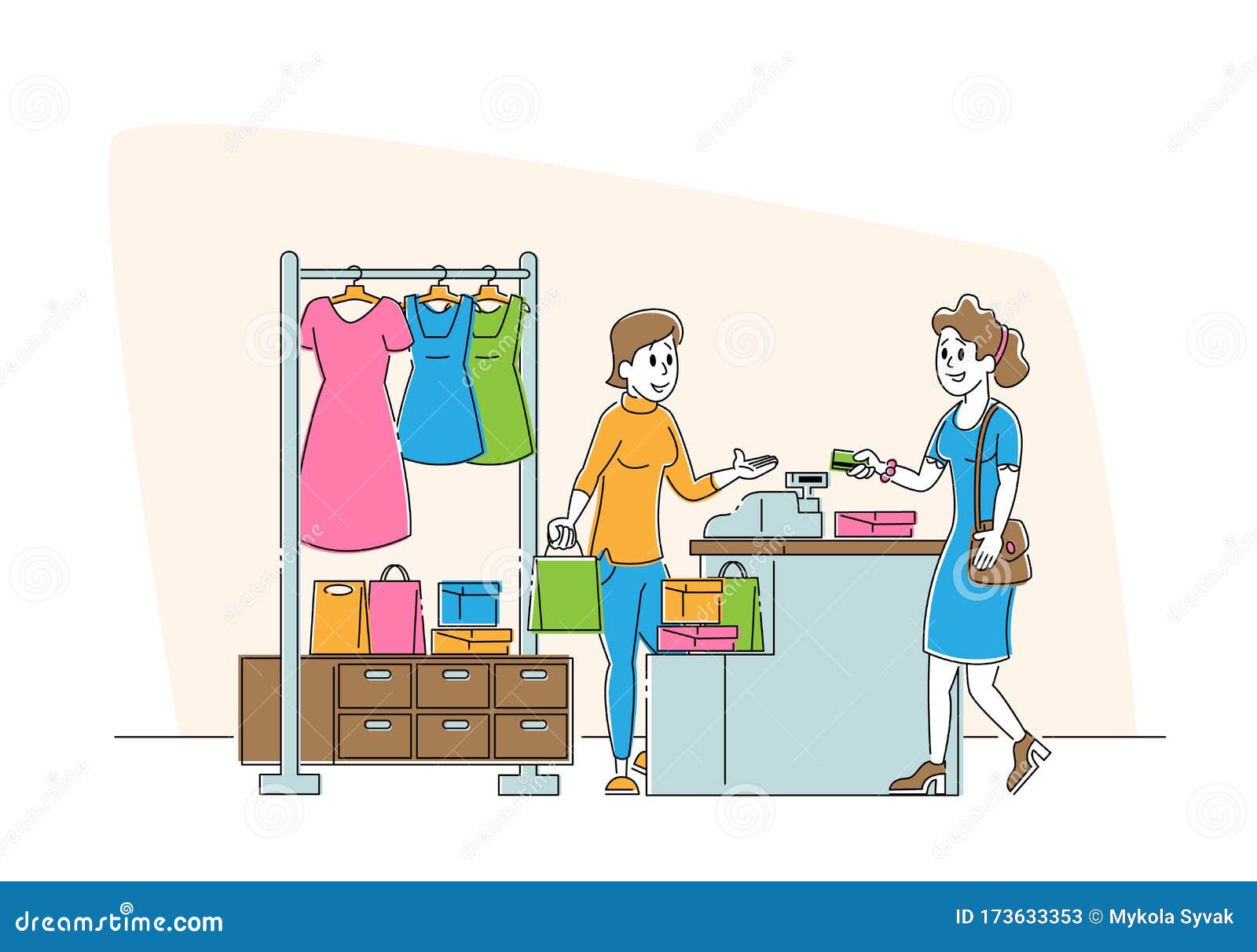购物空闲时间商店柜台用信用卡付款的年轻女性女买衣服向量例证 插画包括有礼服 内部 购物空闲时间商店柜台用信用卡付款的年轻女性女买衣服向量例证 插画包括有礼服 内部