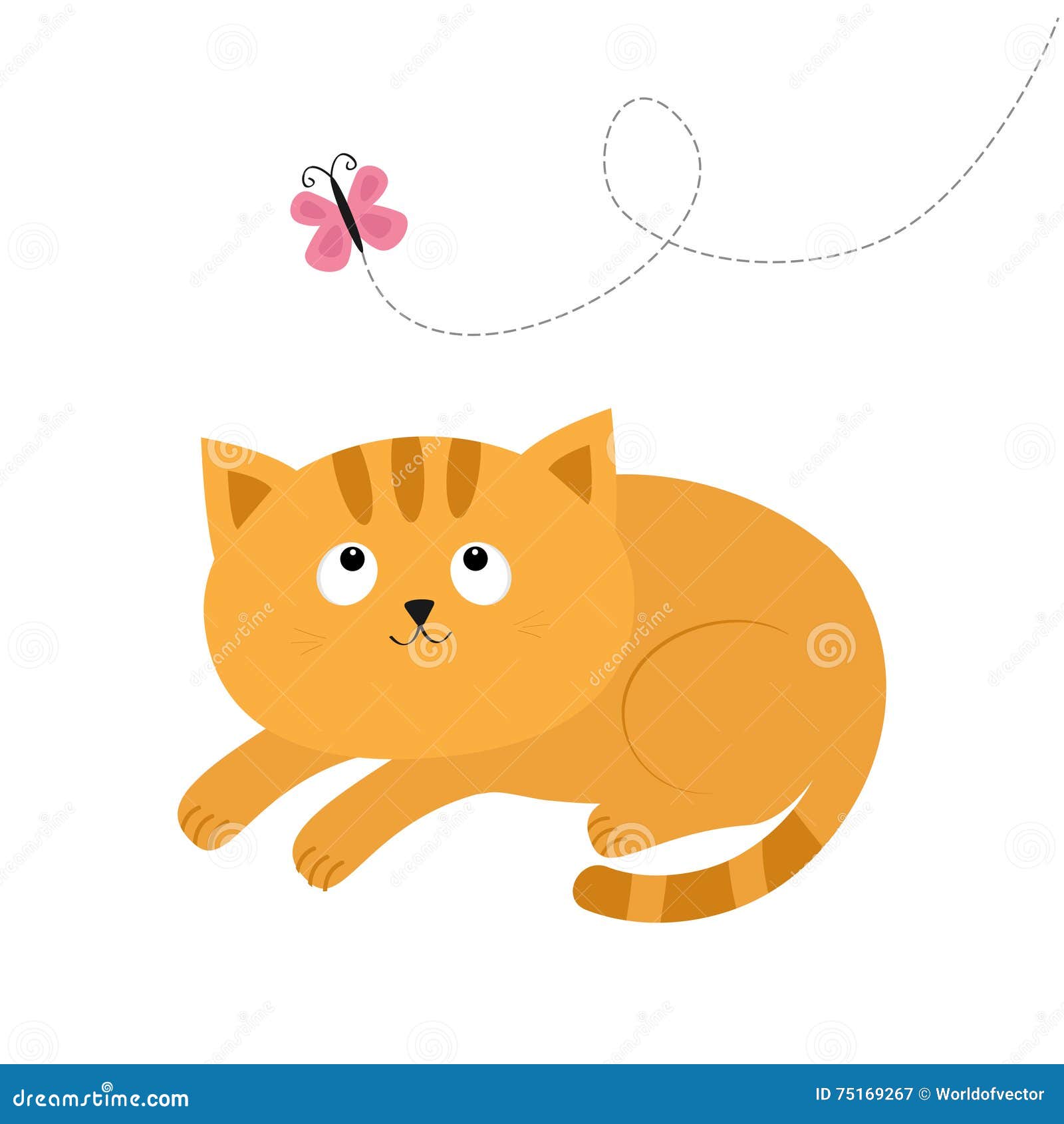 逗人喜爱的红色说谎的橙色猫和看飞行桃红色蝴蝶破折号线轨道髭颊须滑稽的漫画人物平的d 向量例证 插画包括有