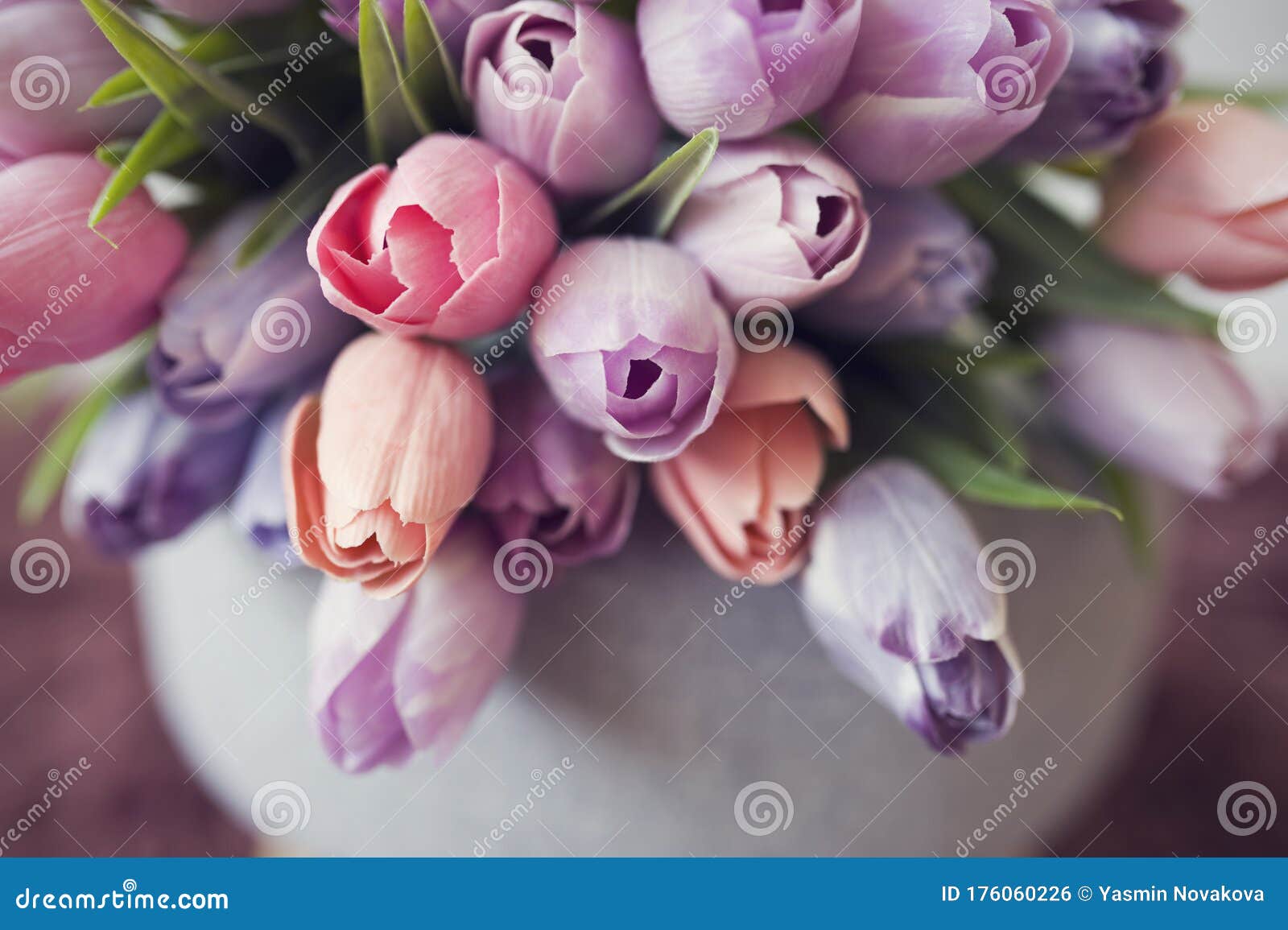 郁金香花春花装饰灰色桌布上的紫色 紫色 橙色和粉红色郁金香库存照片 图片包括有礼品 草本