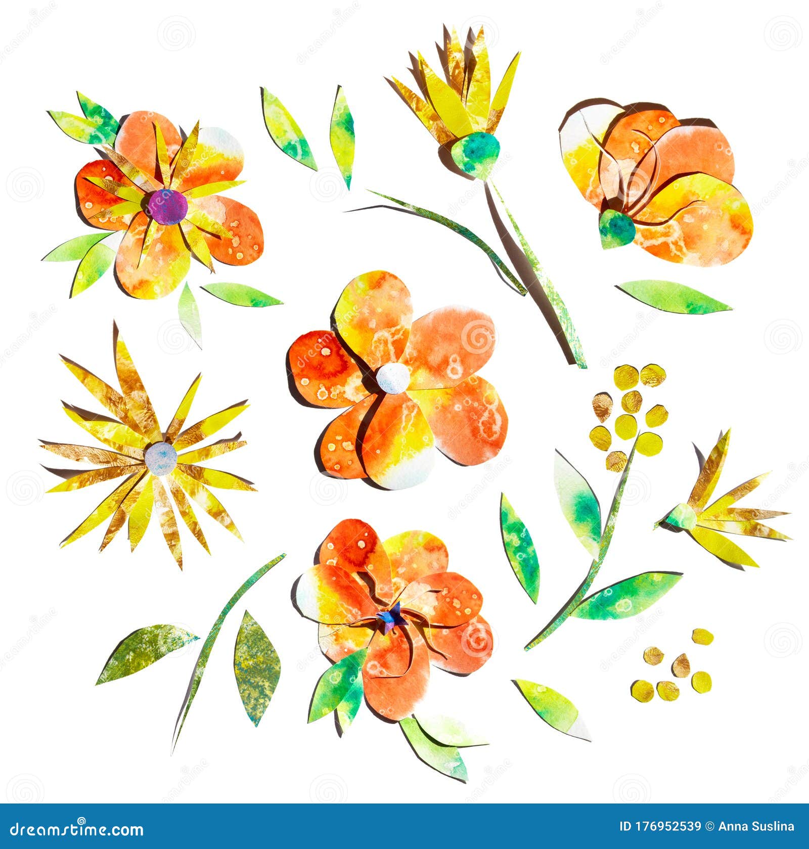 阳光快乐的黄橙夏花手绘水彩剪纸设计收藏集非常适合纺织品 库存图片 图片包括有上色 花束