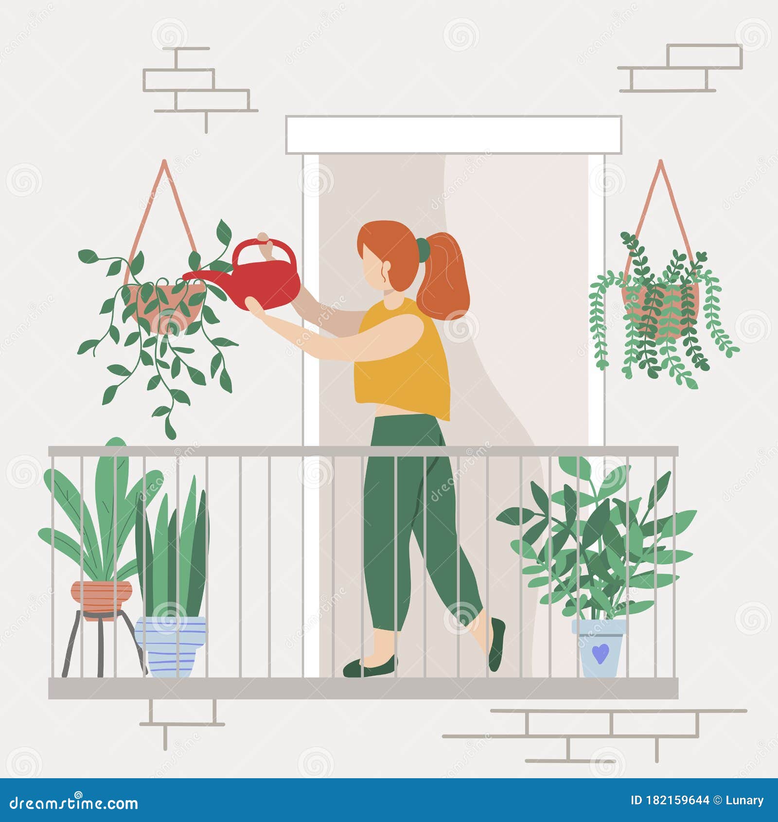 阳台上浇家草的可爱女人植物种植爱好概念向量例证 插画包括有门面 业余爱好 设计 平面 生长