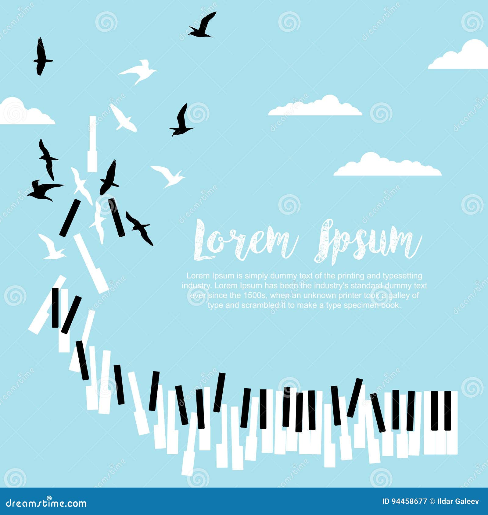 音乐节或音乐会与钢琴钥匙和飞鸟的文本的海报在与云彩的蓝天和空间向量例证 插画包括有