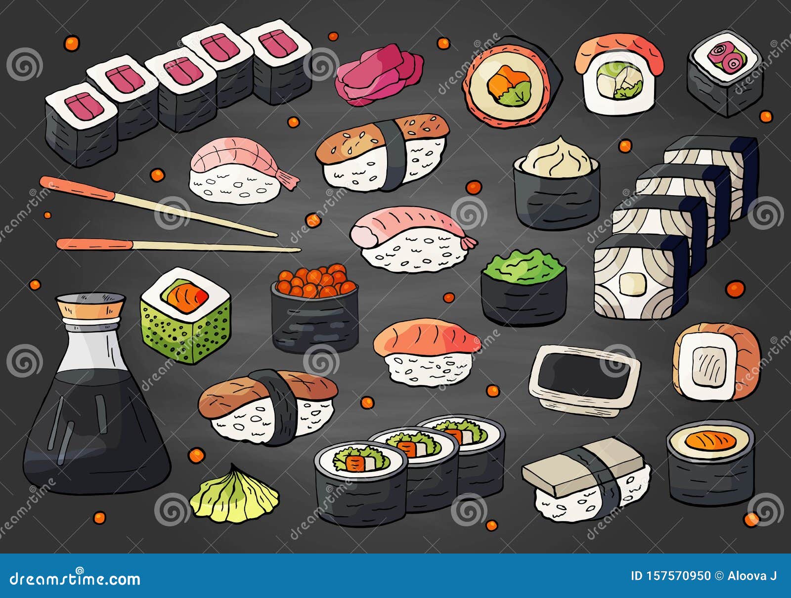 黑板上大套日本寿司和卷矢量手绘寿司系列 亚洲食品向量例证 插画包括有