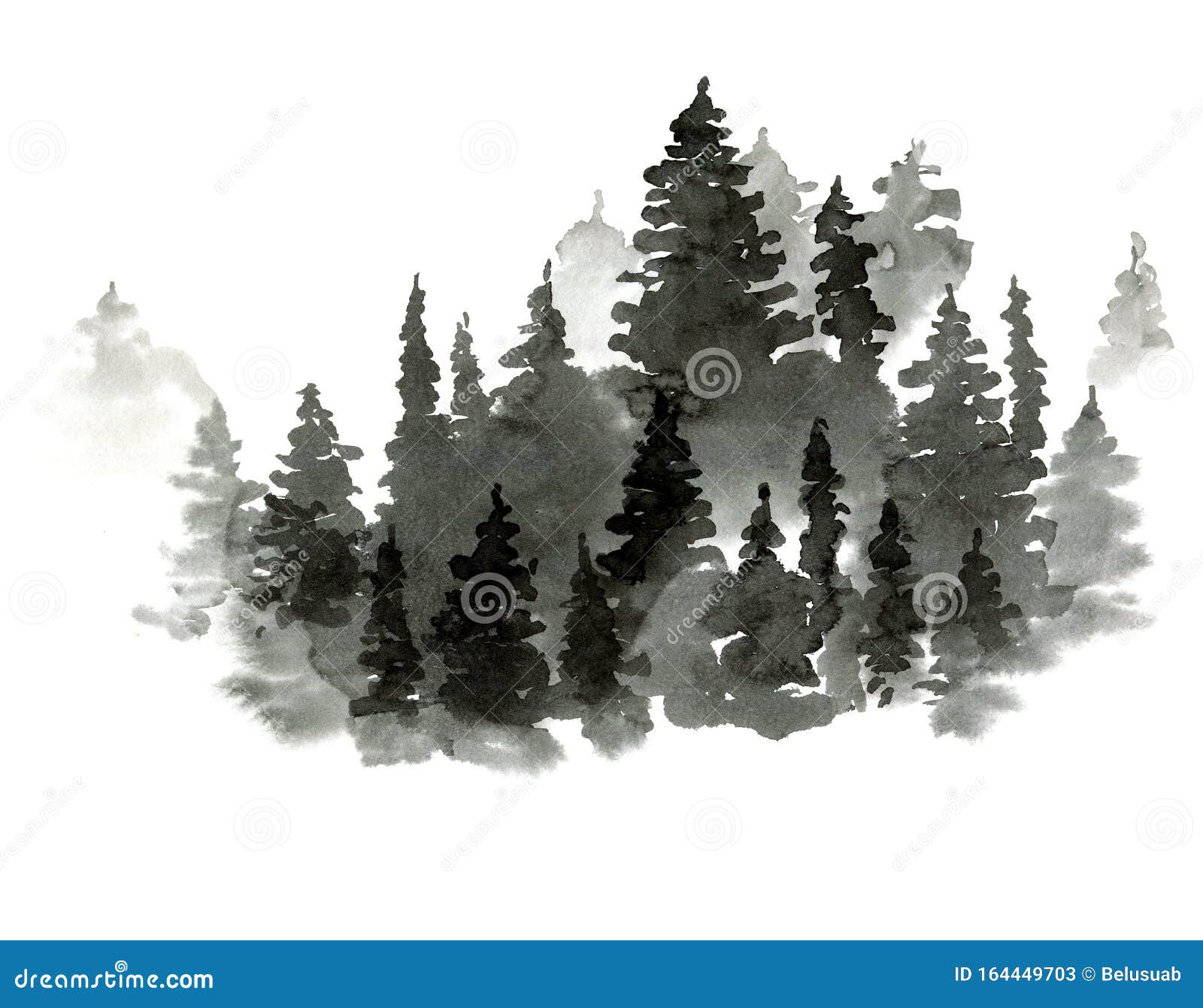 黑白冬林针叶树黑白水彩剪影库存例证 插画包括有黑白冬林针叶树黑白水彩剪影