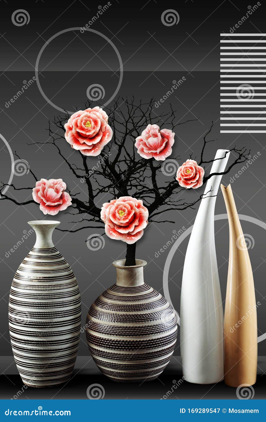 黑色背景中玫瑰花的三幅壁纸白黑花瓶适用于墙框库存例证 插画包括有水罐 现代 灰色 瓦器
