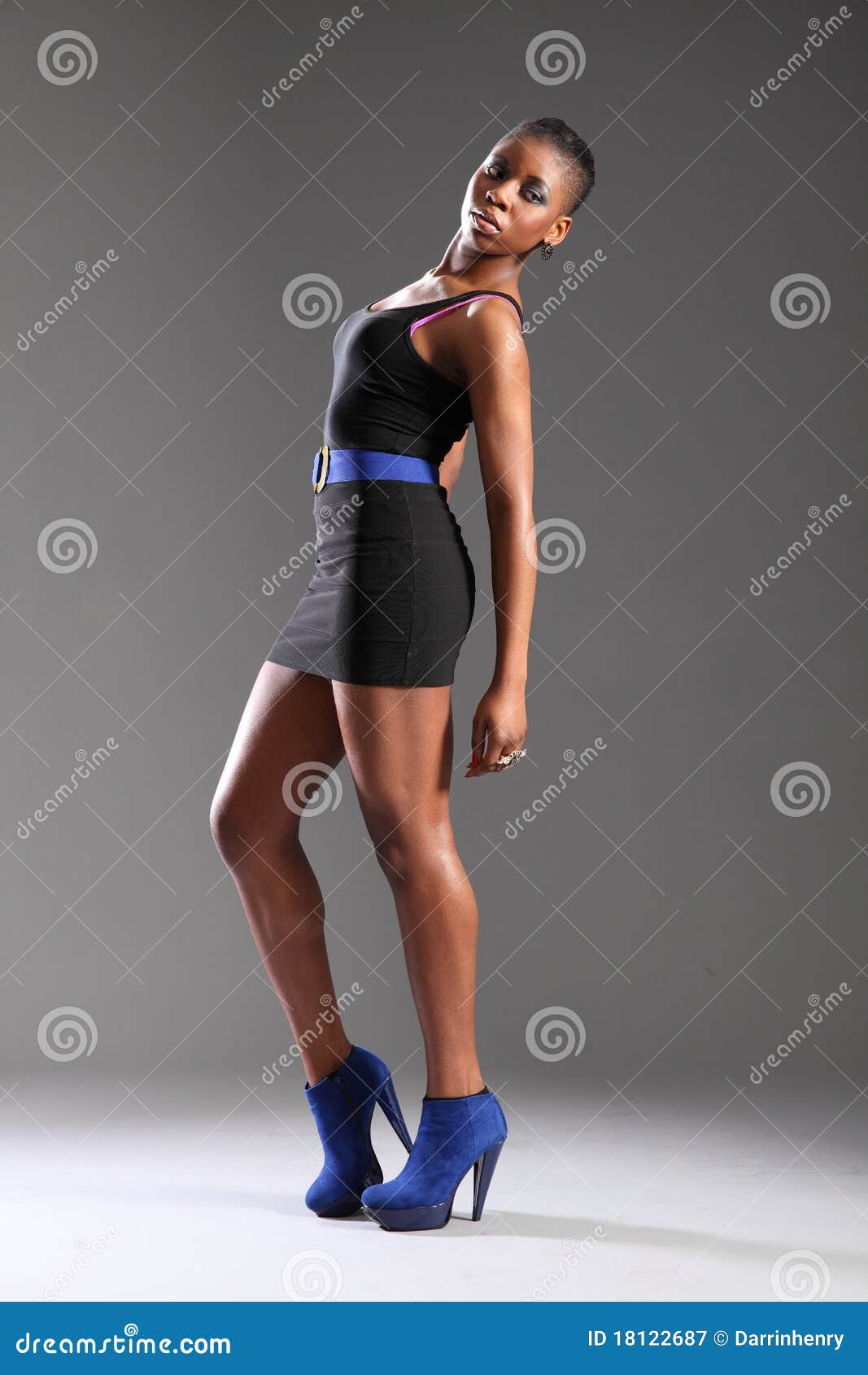 Black Fashion Model In Short Dress And Heels Royalty Free 