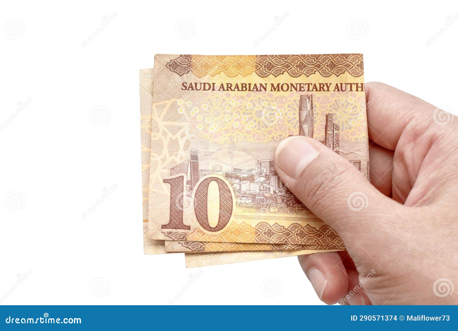 10 riyal saudi arabia money banknotes in hand  on white background.