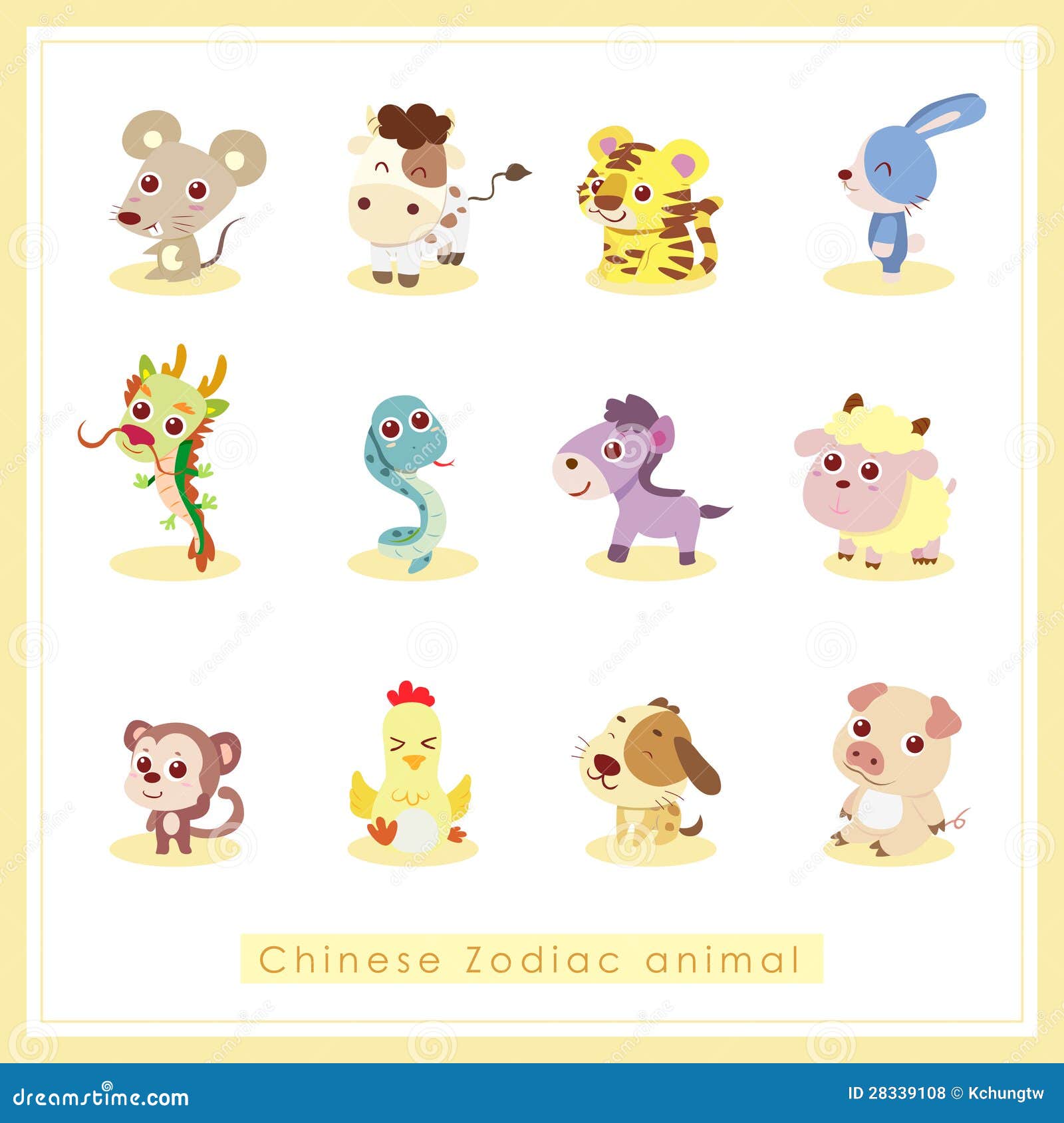 12 Cartoon Chinese Zodiac Animal Stickers Stock Vector - Illustration of  china, smile: 28339108