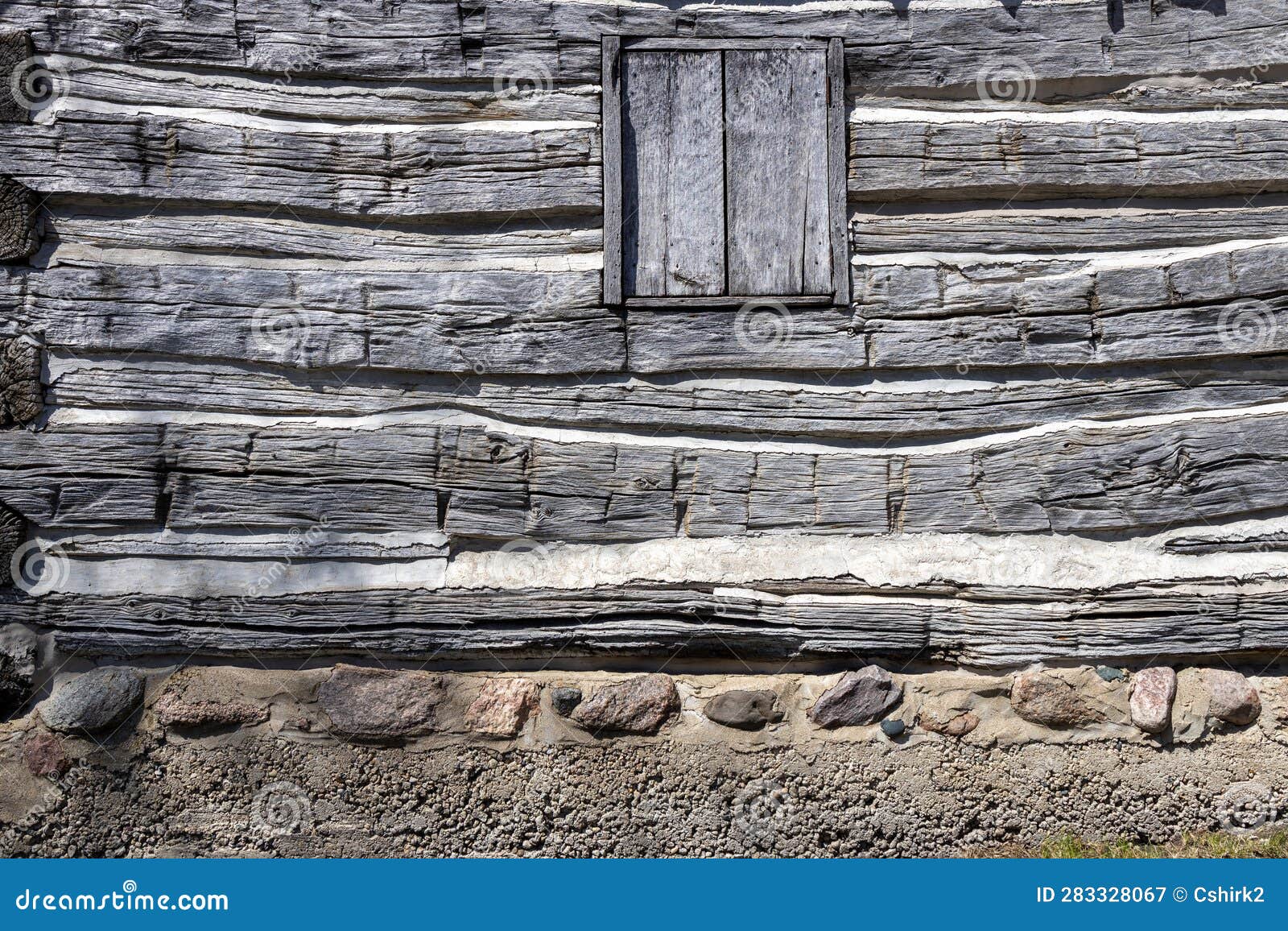 19th Century Log Cabin Exterior with Boarded Window Stock Image - Image