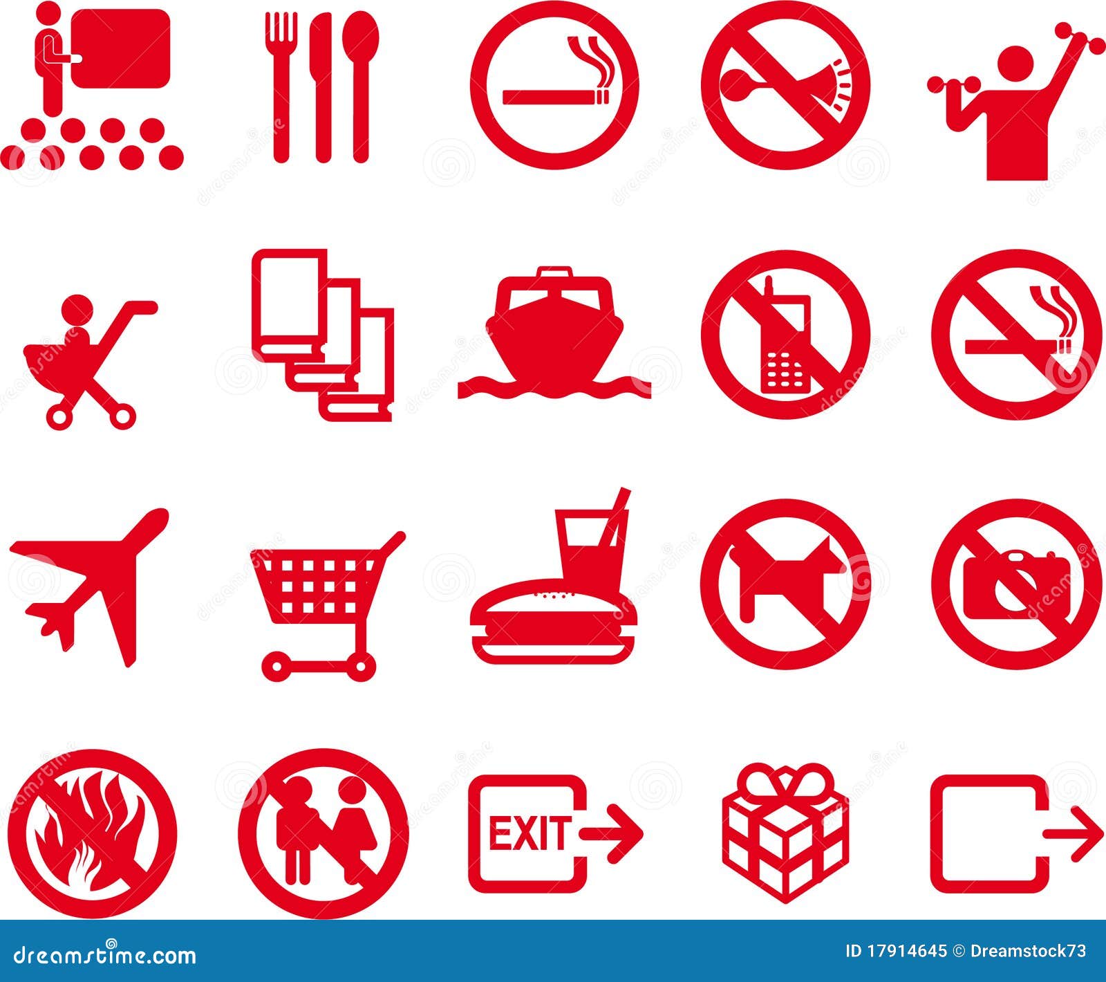 20 icons - recreation, travel, information. 20 different pictograms - tranportation, recreation - red