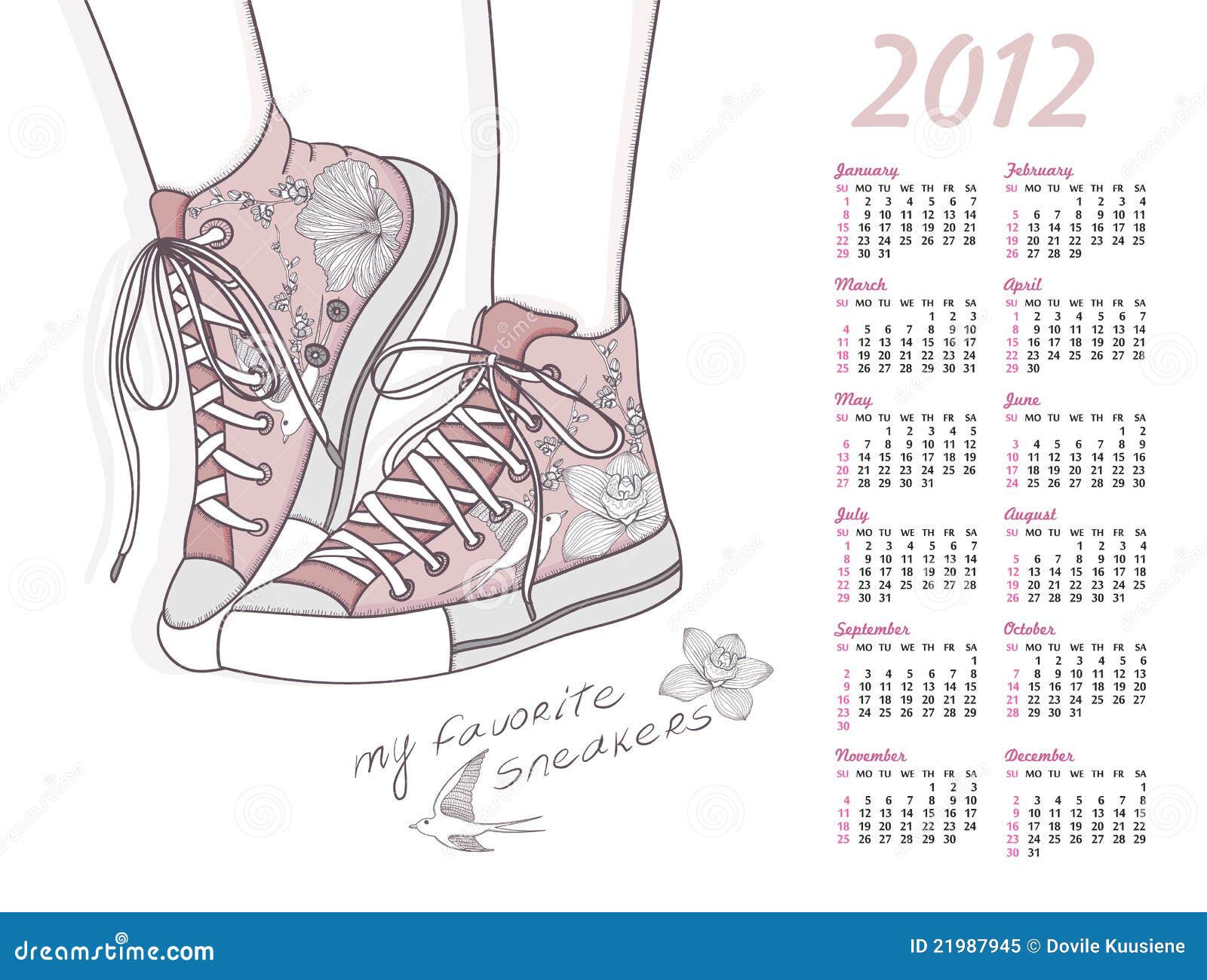 2012 Calendar with Shoes. Floral Pattern Sneakers Stock Vector - Illustration of planner, pink
